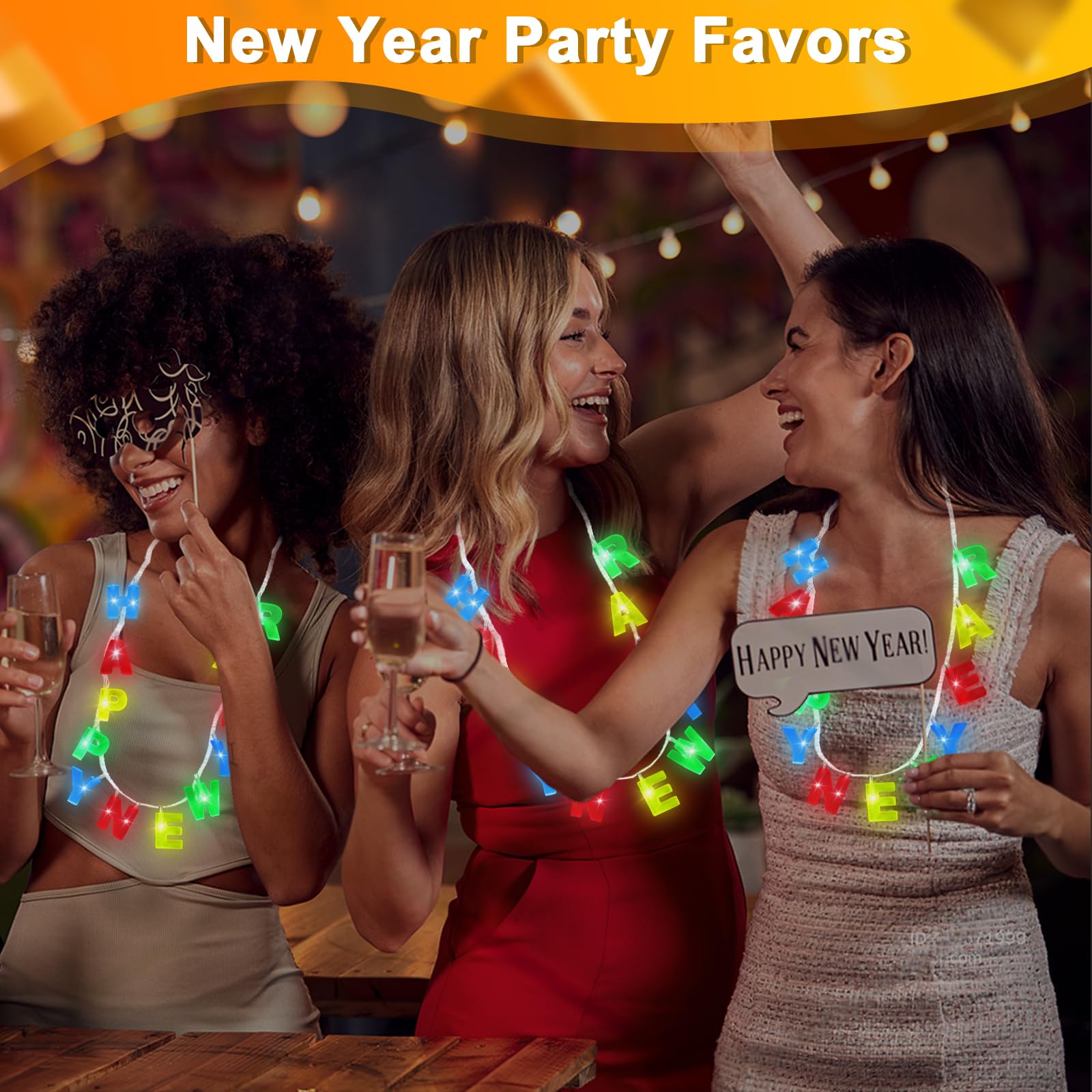 3 Pack Light Up Happy New Years Necklaces New Years Eve Party Supplies for Adult, Colorful Nye Necklaces with 14 Leds 3 Modes Glow In the Dark Party Accessories New Years Birthday Party Favors - Image 3