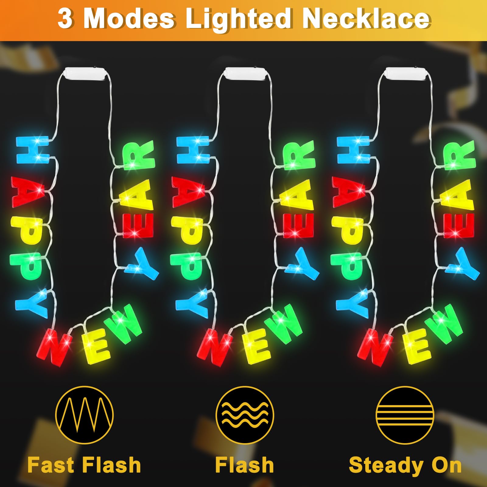 3 Pack Light Up Happy New Years Necklaces New Years Eve Party Supplies for Adult, Colorful Nye Necklaces with 14 Leds 3 Modes Glow In the Dark Party Accessories New Years Birthday Party Favors - Image 4