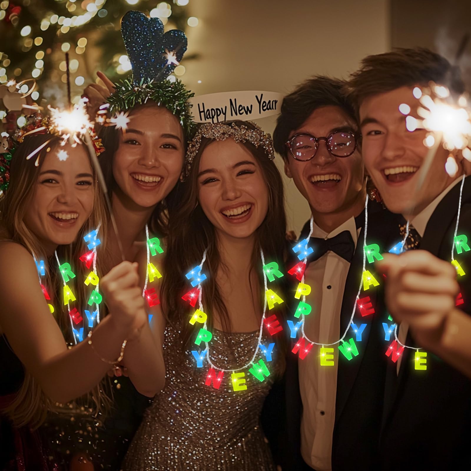 3 Pack Light Up Happy New Years Necklaces New Years Eve Party Supplies for Adult, Colorful Nye Necklaces with 14 Leds 3 Modes Glow In the Dark Party Accessories New Years Birthday Party Favors - Image 5