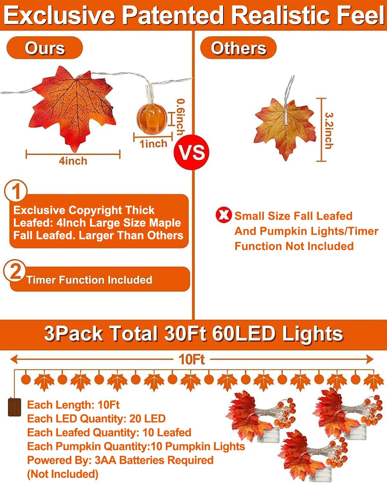 3 Pack&Timer - Fall Decor Fall Garland with Pumpkin Lights Thanksgiving Fall Decorations for Home, 30Ft 60LED 3D Pumpkin Fall Lights Patented Enlarged Maples Leaf Battery Operated Halloween Decor - Image 3
