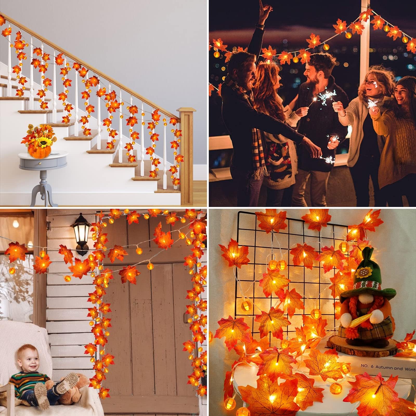 3 Pack&Timer - Fall Decor Fall Garland with Pumpkin Lights Thanksgiving Fall Decorations for Home, 30Ft 60LED 3D Pumpkin Fall Lights Patented Enlarged Maples Leaf Battery Operated Halloween Decor - Image 5