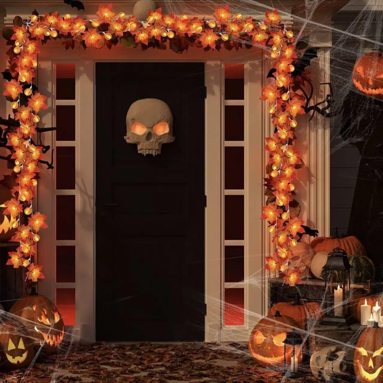3 Pack&Timer - Fall Decor Fall Garland with Pumpkin Lights Thanksgiving Fall Decorations for Home, 30Ft 60LED 3D Pumpkin Fall Lights Patented Enlarged Maples Leaf Battery Operated Halloween Decor - Image 6