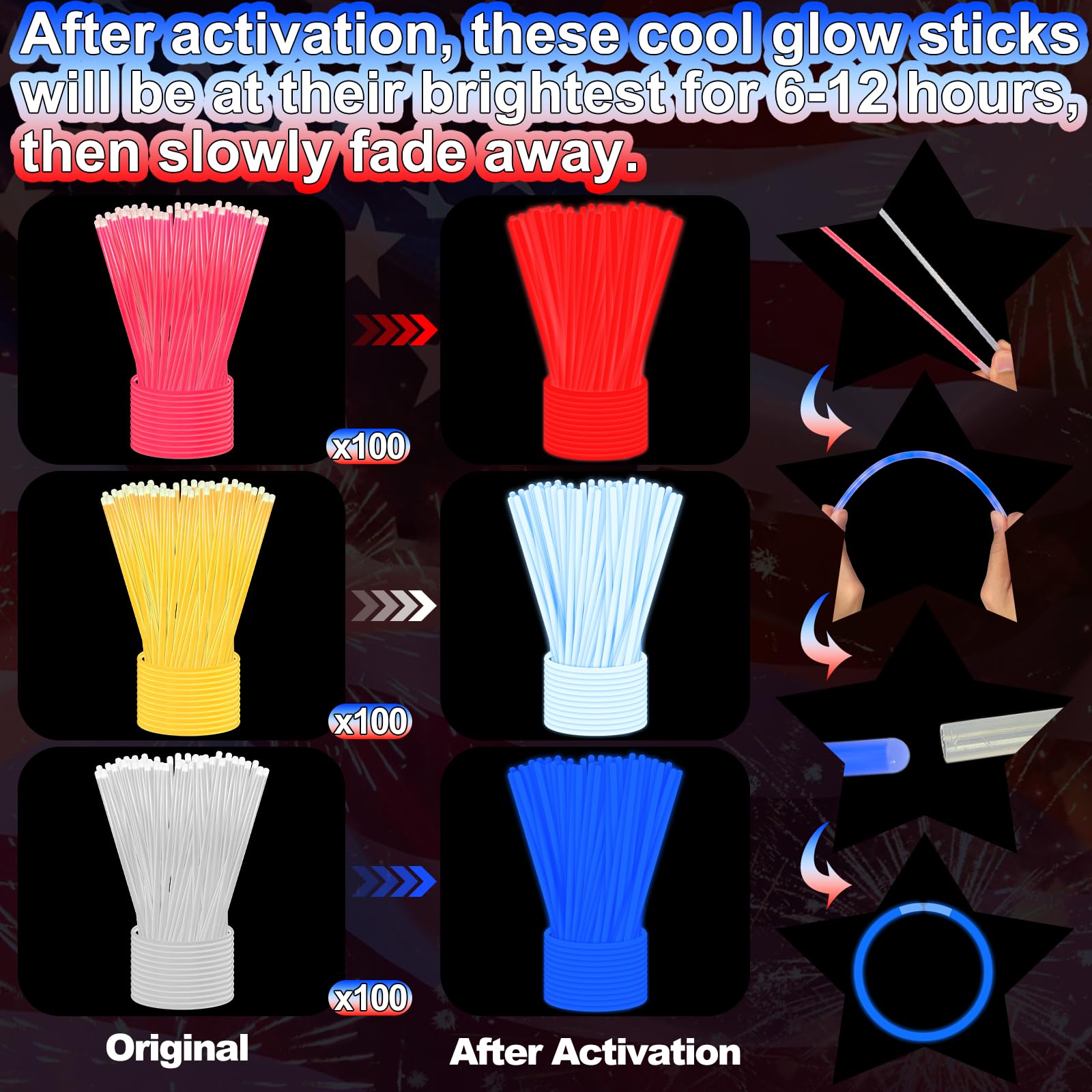 300 Pack 4th of July Glow Sticks Party Favors with Connectors,Patriotic Red White Blue Glow Stick Bracelets Nacklaces Glow in the Dark Party Accessories Memorial Day Decorations,250th Anniversary USA - Image 4