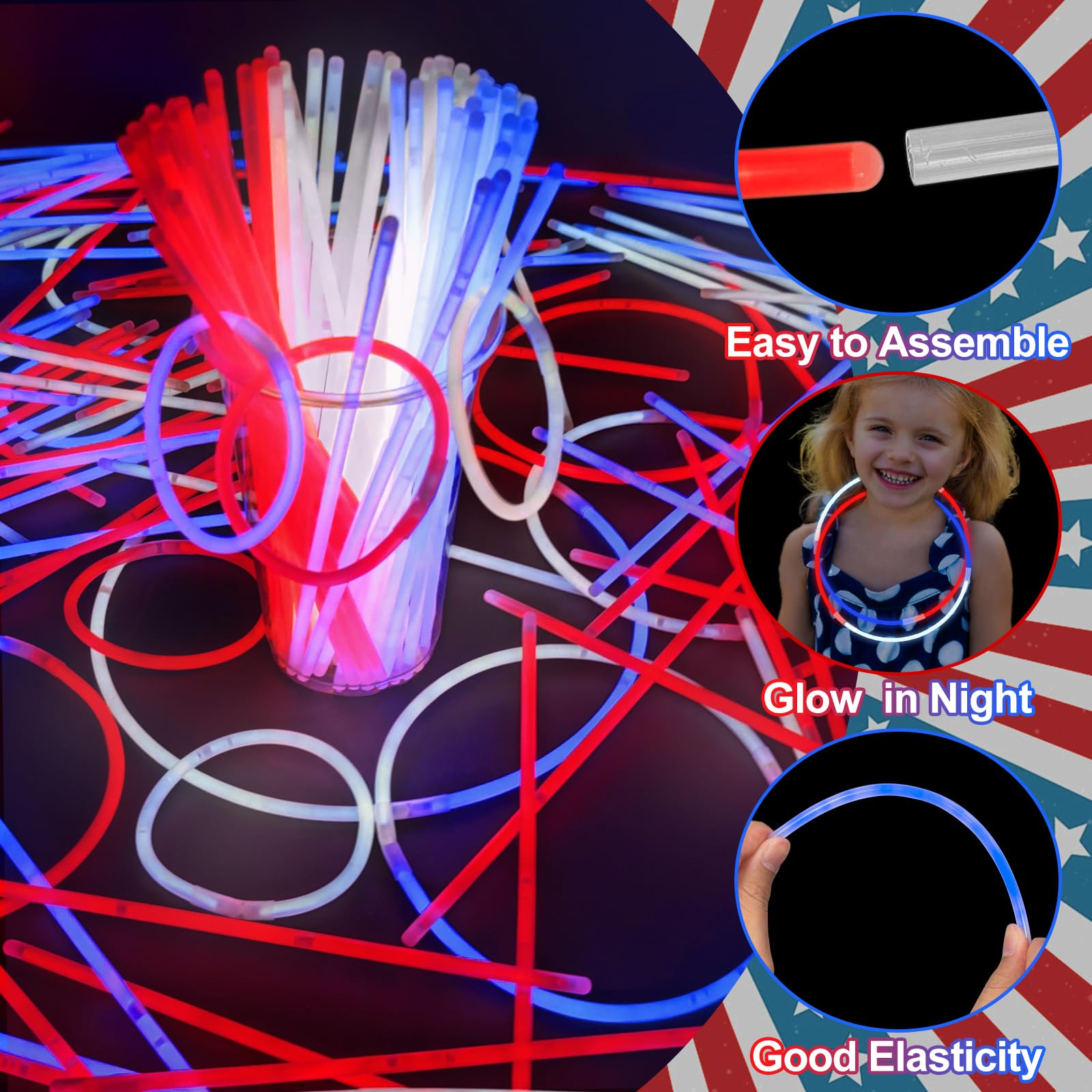480 Pack 4th of July Glow Sticks Party Favors with Connectors,Patriotic Red White Blue Glow Stick Bracelets Nacklaces Glow in the Dark Accessories 250th Anniversary USA Independence Day Decorations - Image 3