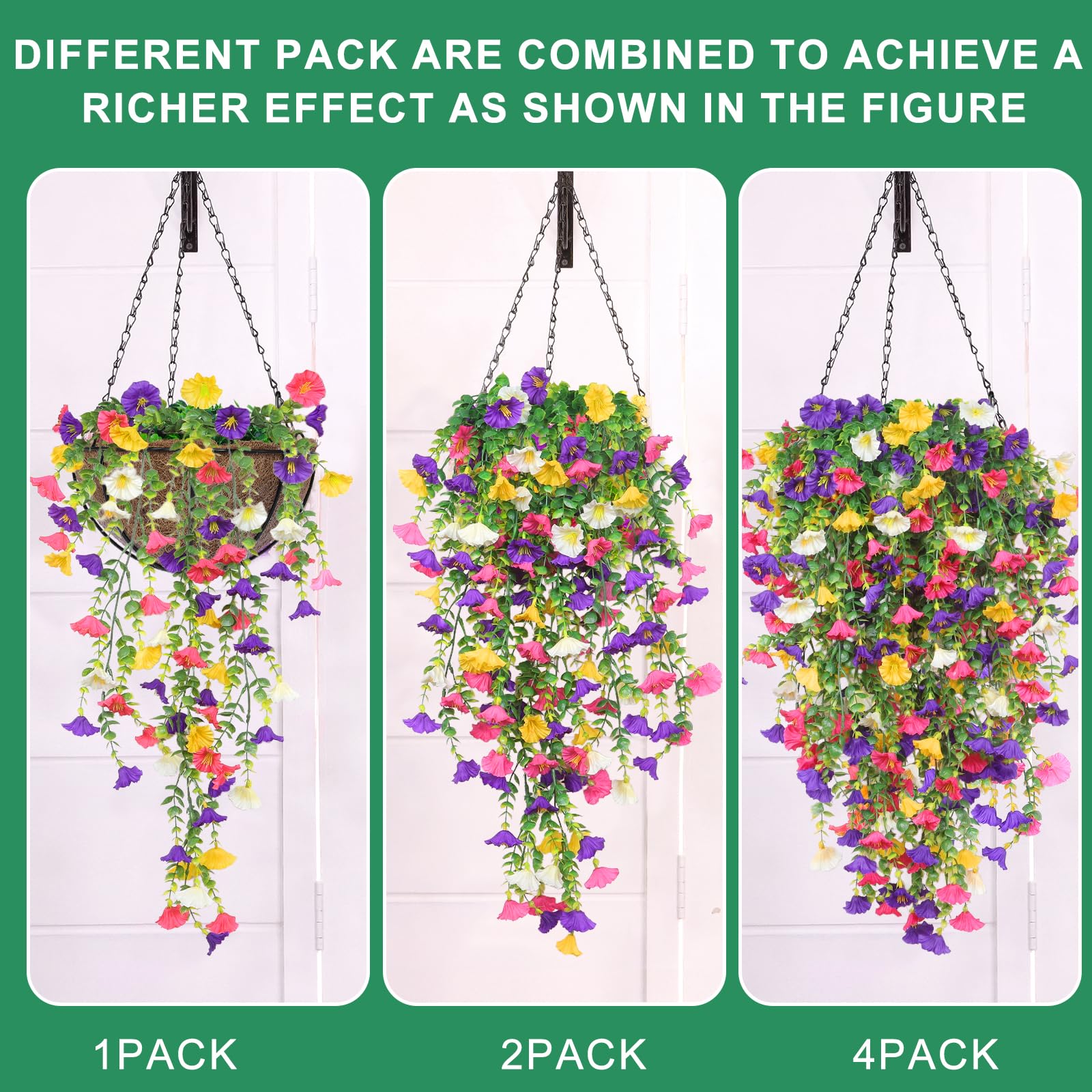 4PCS Artificial Hanging Flowers for Outdoors Summer Decoration, Fake Hanging Plants Faux Petunias with Eucalyptus, UV Resistant No Fade Plastic Realistic Silk Flowers for Porch Patio Balcony Indoor - Image 5