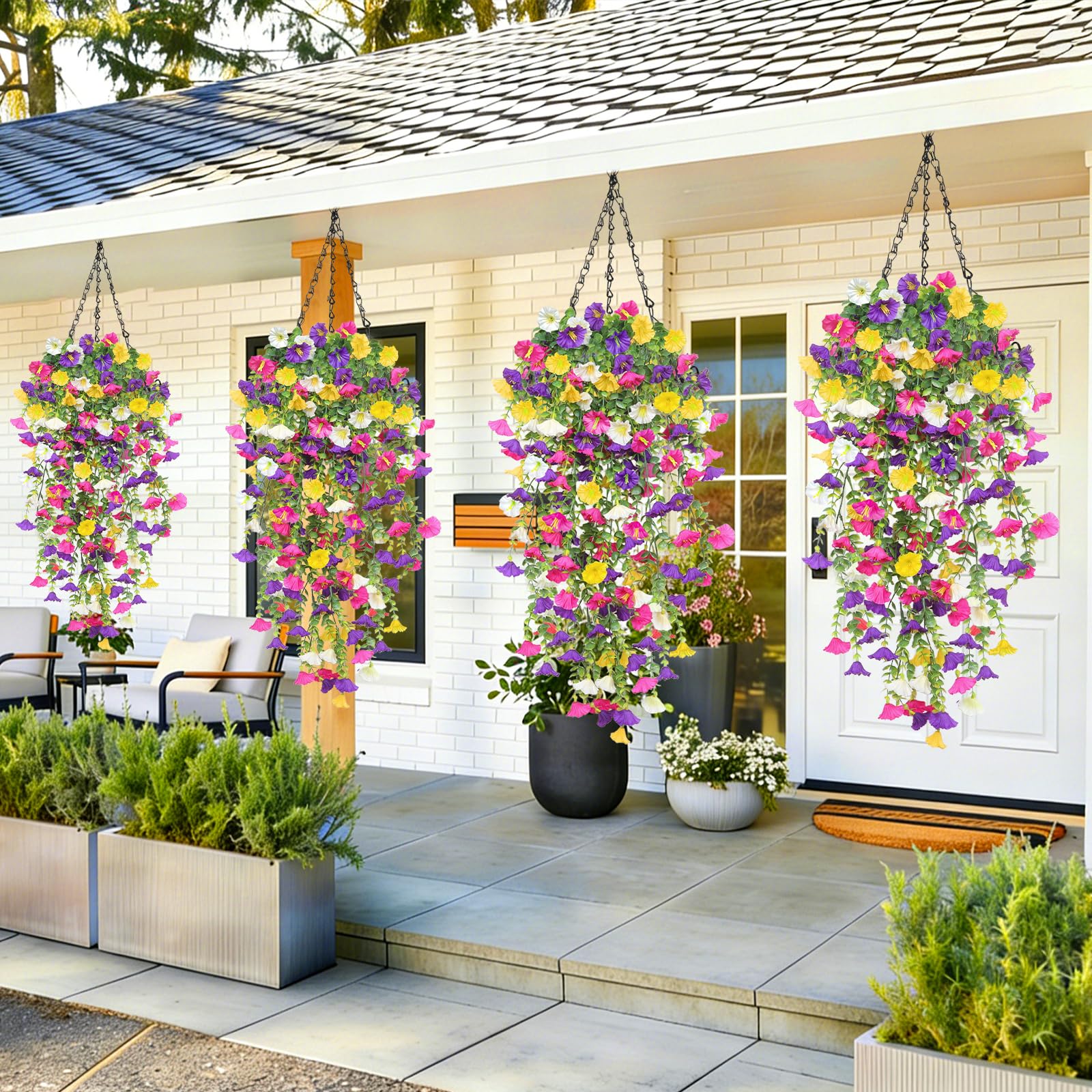 4PCS Artificial Hanging Flowers for Outdoors Summer Decoration, Fake Hanging Plants Faux Petunias with Eucalyptus, UV Resistant No Fade Plastic Realistic Silk Flowers for Porch Patio Balcony Indoor - Image 6
