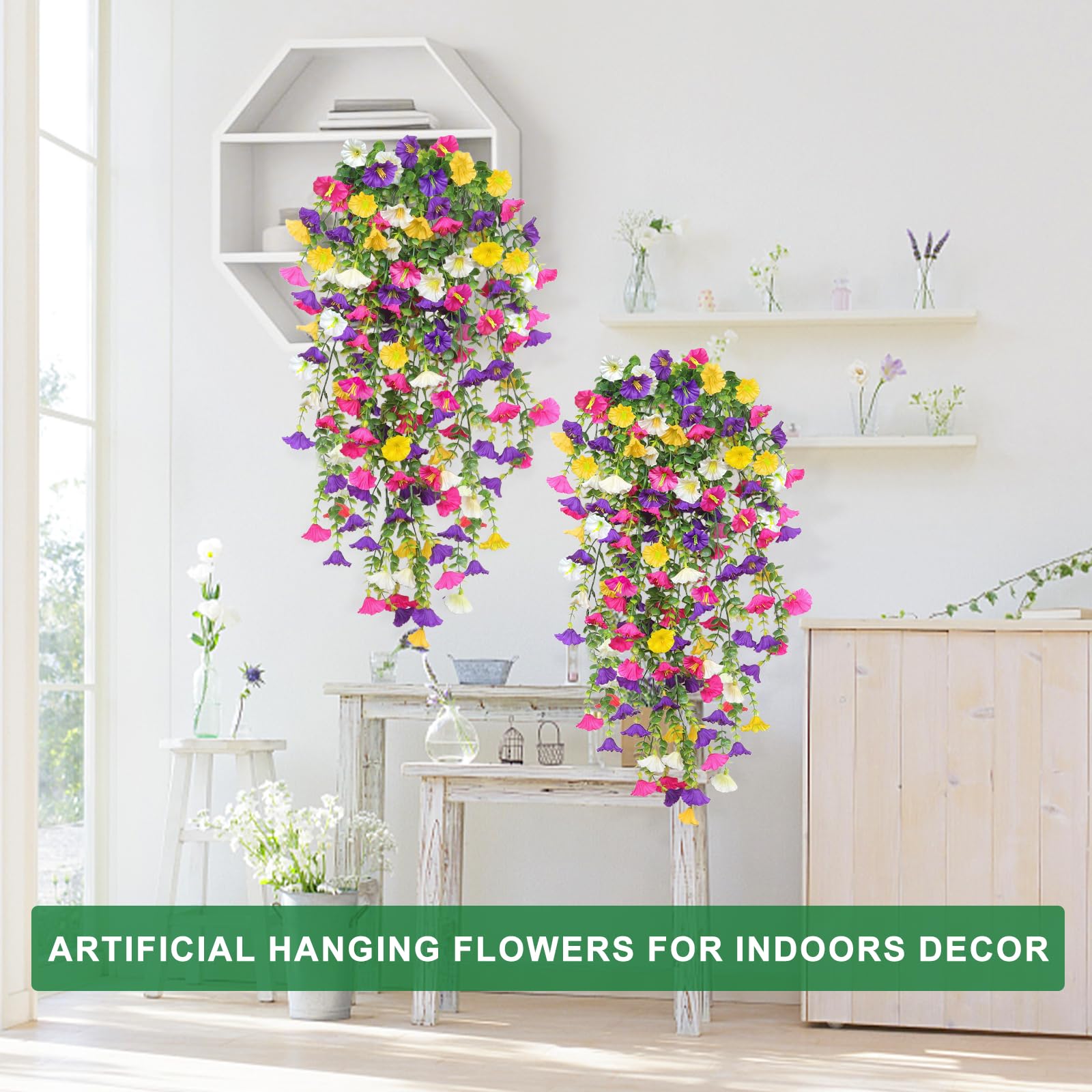 4PCS Artificial Hanging Flowers for Outdoors Summer Decoration, Fake Hanging Plants Faux Petunias with Eucalyptus, UV Resistant No Fade Plastic Realistic Silk Flowers for Porch Patio Balcony Indoor - Image 7