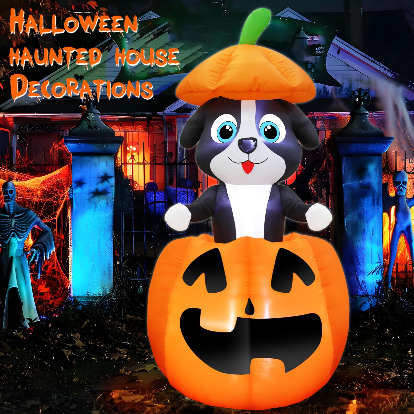 5 FT Halloween Inflatables Animated Dog On Pumpkin Outdoor Decorations Blow Up Yard with Built-in LEDs, Halloween Blow Up Outdoor Decor for Indoor Party Outdoor Garden Lawn - Image 3