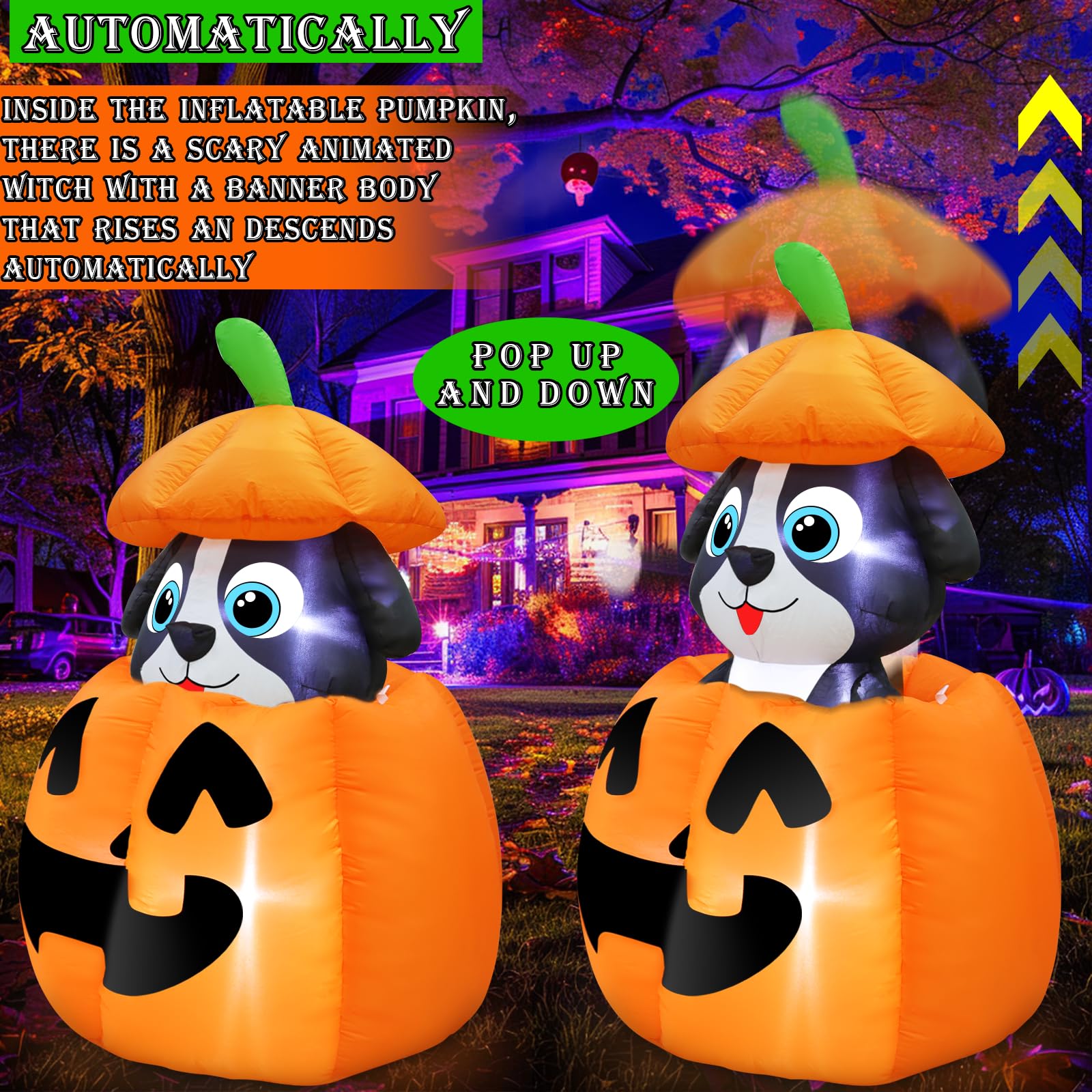 5 FT Halloween Inflatables Animated Dog On Pumpkin Outdoor Decorations Blow Up Yard with Built-in LEDs, Halloween Blow Up Outdoor Decor for Indoor Party Outdoor Garden Lawn - Image 4