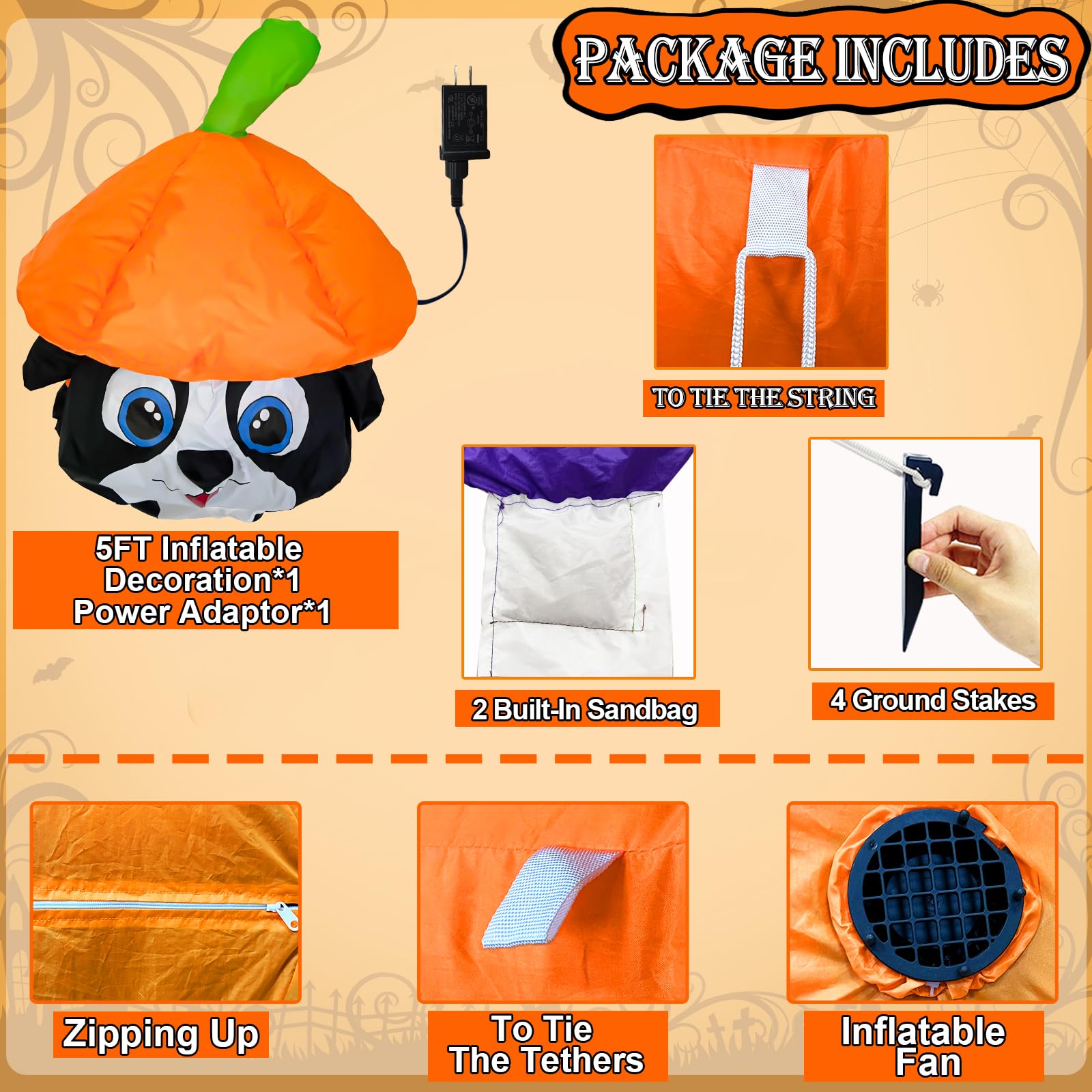 5 FT Halloween Inflatables Animated Dog On Pumpkin Outdoor Decorations Blow Up Yard with Built-in LEDs, Halloween Blow Up Outdoor Decor for Indoor Party Outdoor Garden Lawn - Image 5