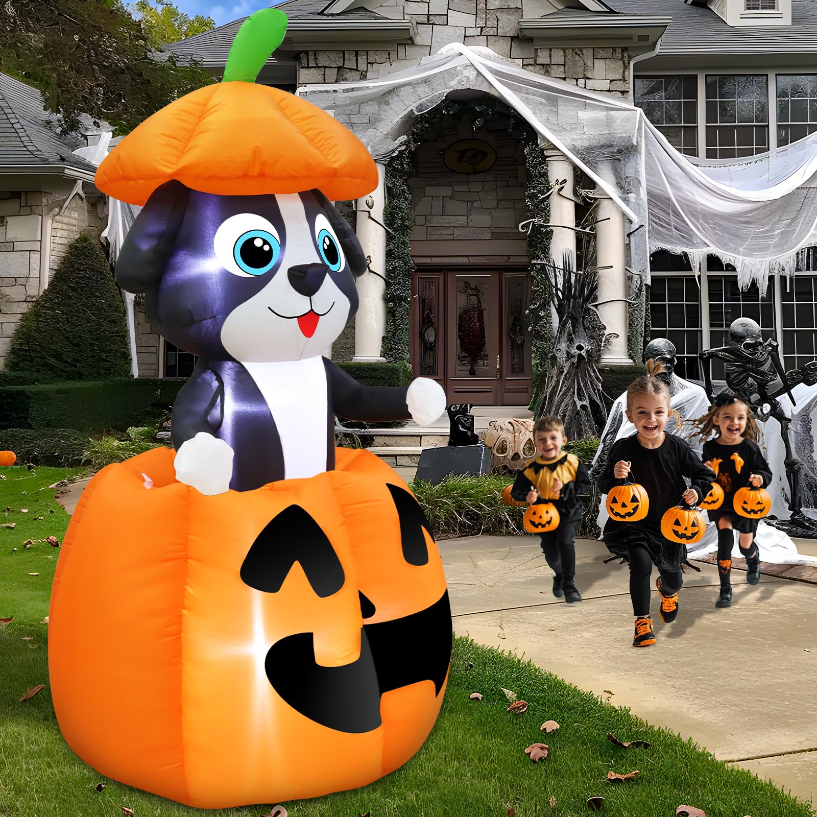 5 FT Halloween Inflatables Animated Dog On Pumpkin Outdoor Decorations Blow Up Yard with Built-in LEDs, Halloween Blow Up Outdoor Decor for Indoor Party Outdoor Garden Lawn - Image 6
