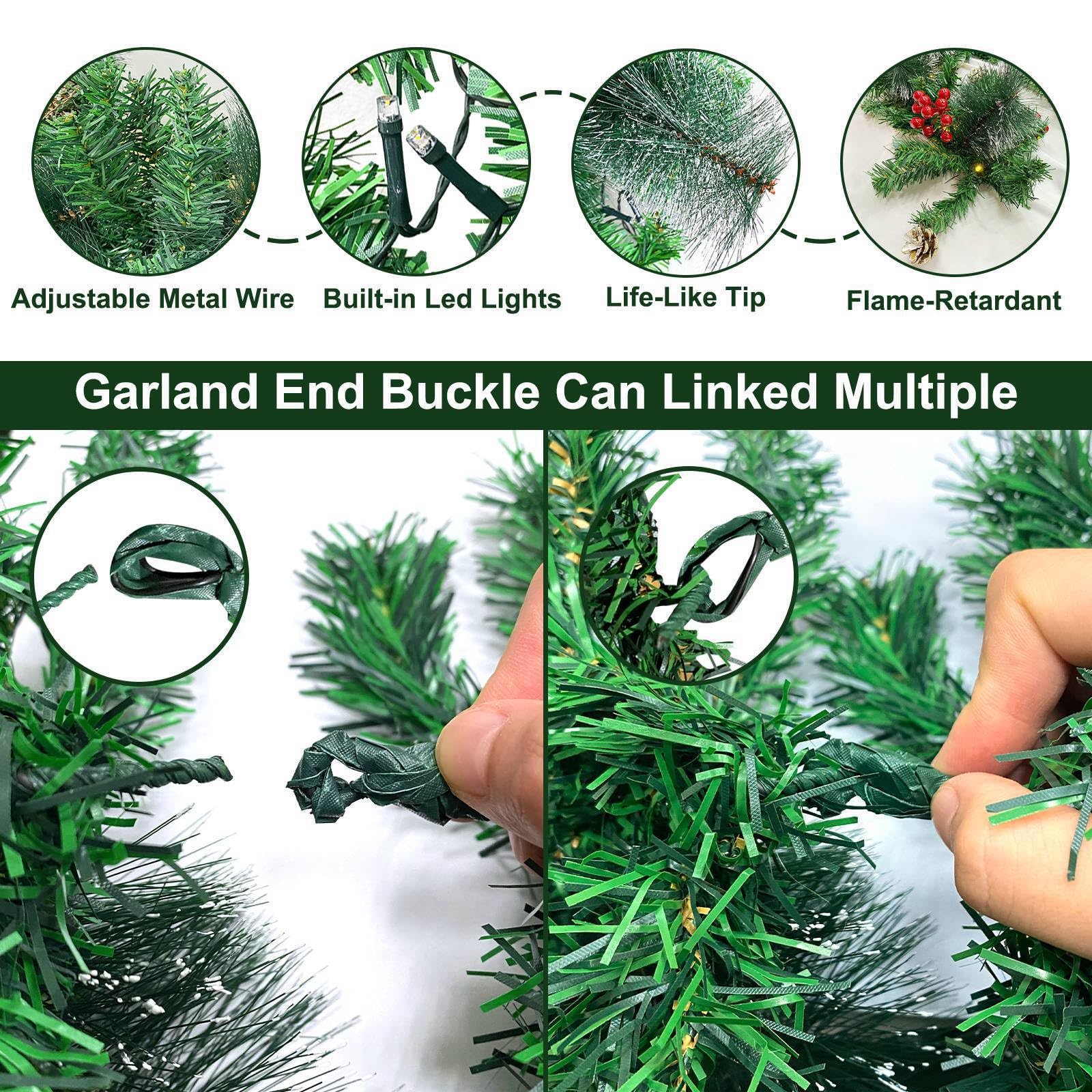 6 Ft by 10 Inch Pre-lit Artificial Christmas Garland with 30 Warm Lights Timer Battery Operated 150 Snowy Bristle Pine Branches 56 Red Berries 8 Pinecones Xmas Decor for Home Indoor Mantle Fireplace - Image 4