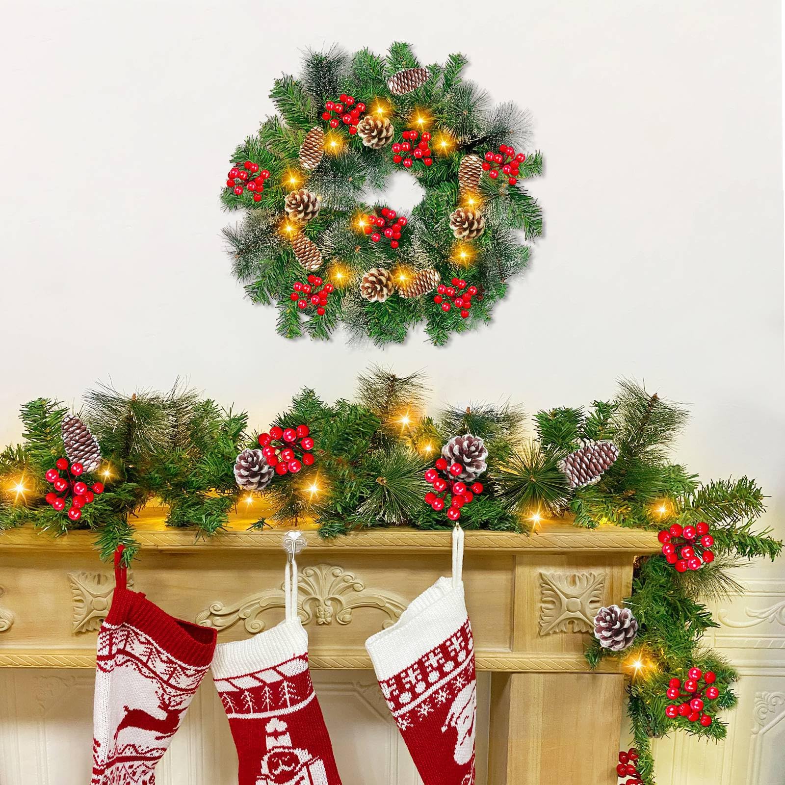 6 Ft by 10 Inch Pre-lit Artificial Christmas Garland with 30 Warm Lights Timer Battery Operated 150 Snowy Bristle Pine Branches 56 Red Berries 8 Pinecones Xmas Decor for Home Indoor Mantle Fireplace - Image 5