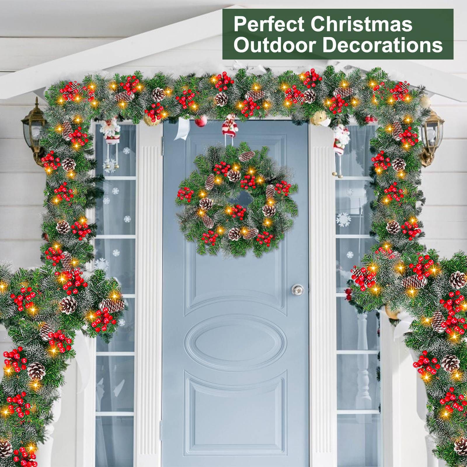 6 Ft by 10 Inch Pre-lit Artificial Christmas Garland with 30 Warm Lights Timer Battery Operated 150 Snowy Bristle Pine Branches 56 Red Berries 8 Pinecones Xmas Decor for Home Indoor Mantle Fireplace - Image 6