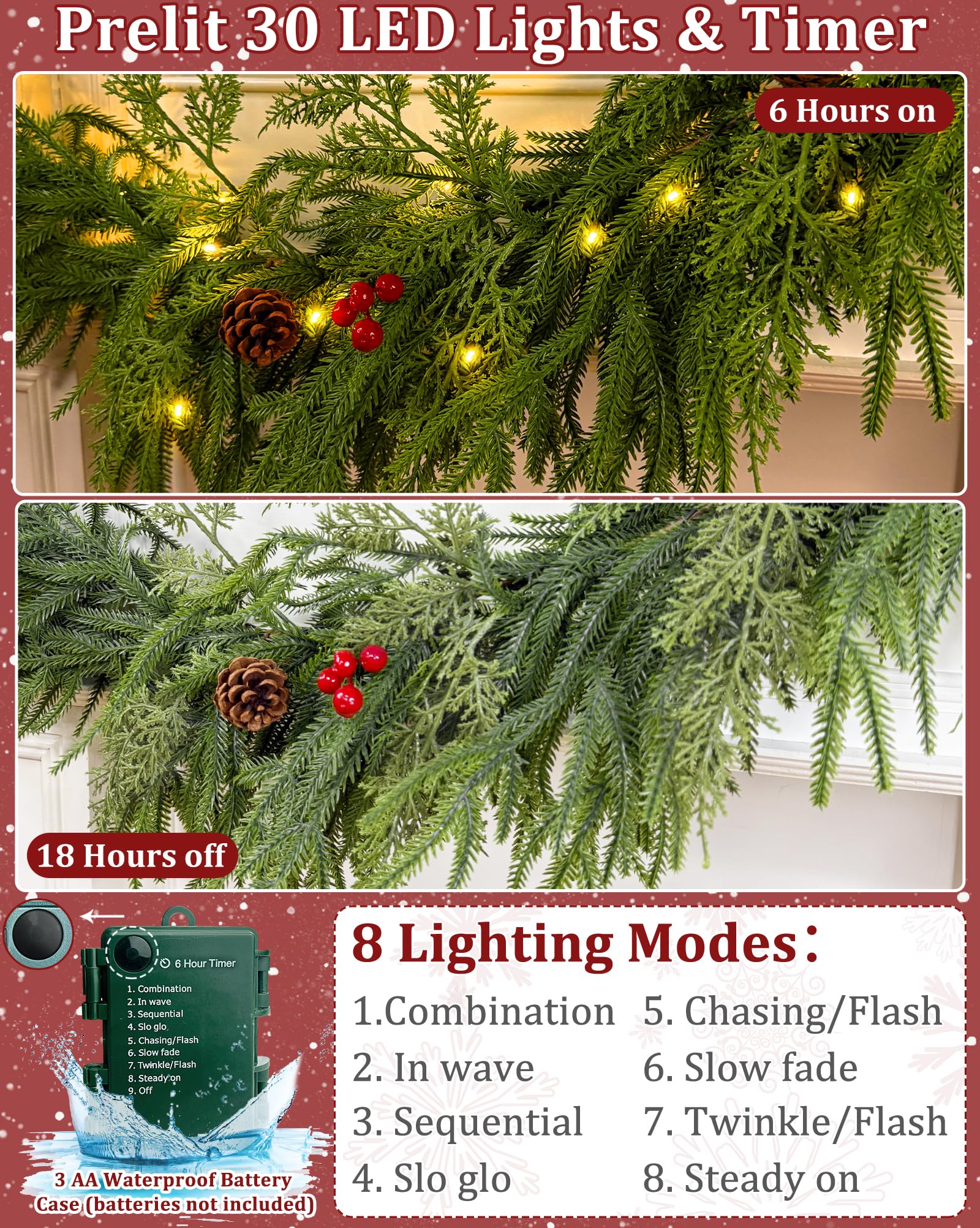 6 Ft by 10 Inch Prelit Christmas Garland with Lights Timer 8 Modes, Real Touch Norfolk Pine Garland 100 Pine Cypress Tips Pinecones Berried Cedar Garlands Thick Greenery Garlands for Home Table Mantle - Image 3