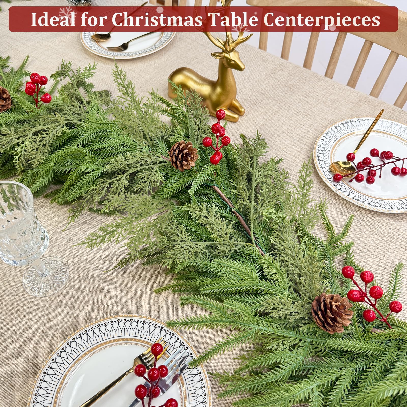 6 Ft by 10 Inch Prelit Christmas Garland with Lights Timer 8 Modes, Real Touch Norfolk Pine Garland 100 Pine Cypress Tips Pinecones Berried Cedar Garlands Thick Greenery Garlands for Home Table Mantle - Image 4