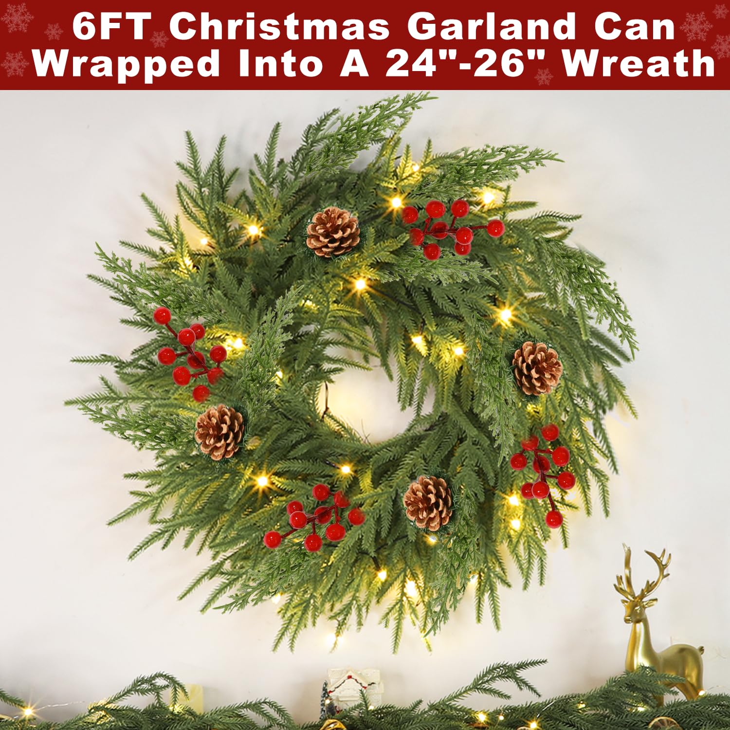 6 Ft by 10 Inch Prelit Christmas Garland with Lights Timer 8 Modes, Real Touch Norfolk Pine Garland 100 Pine Cypress Tips Pinecones Berried Cedar Garlands Thick Greenery Garlands for Home Table Mantle - Image 5