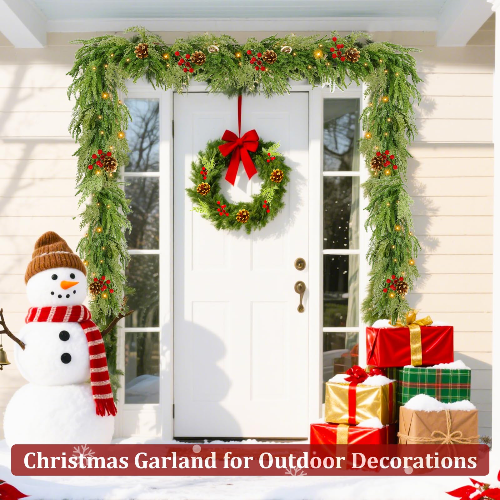 6 Ft by 10 Inch Prelit Christmas Garland with Lights Timer 8 Modes, Real Touch Norfolk Pine Garland 100 Pine Cypress Tips Pinecones Berried Cedar Garlands Thick Greenery Garlands for Home Table Mantle - Image 6