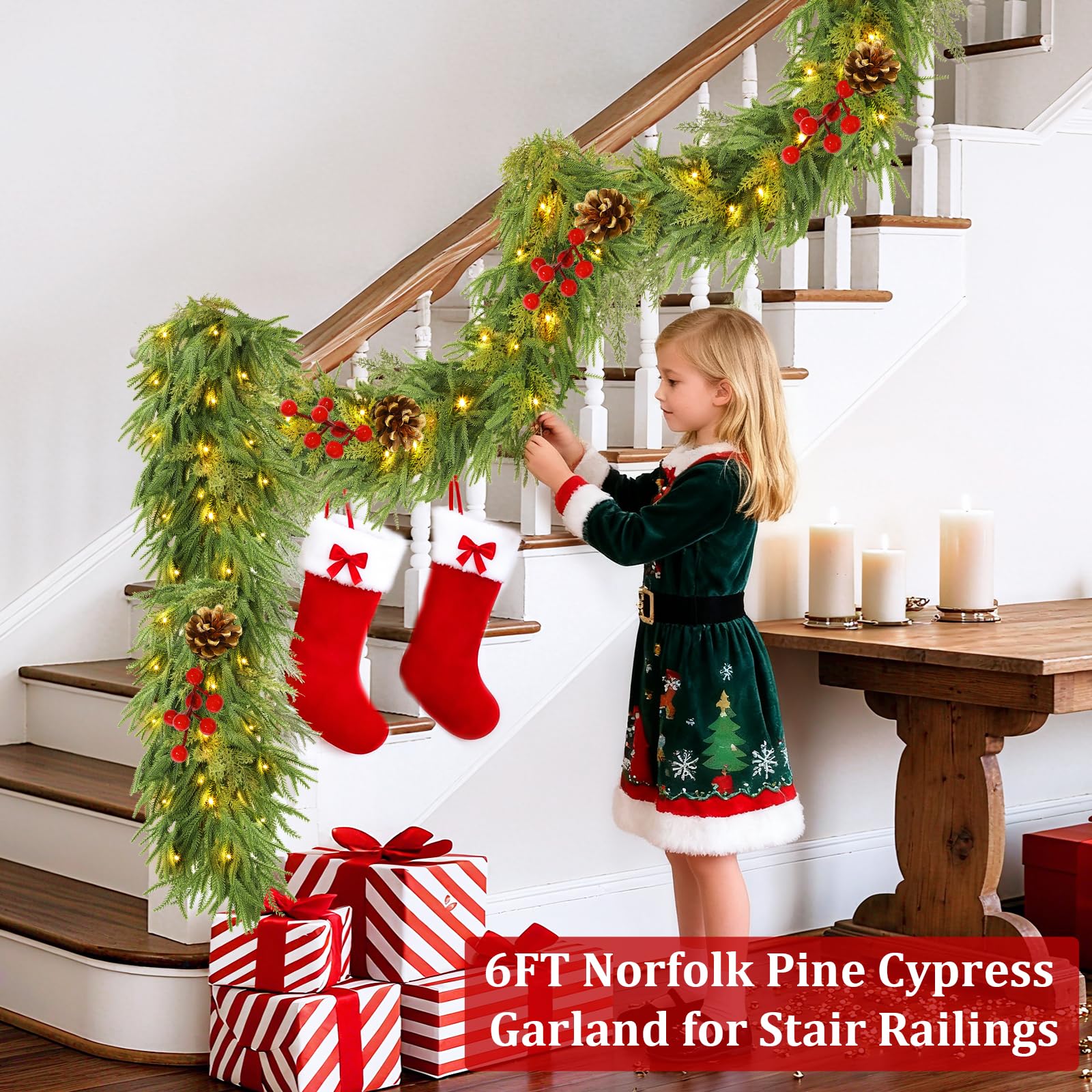 6 Ft by 10 Inch Prelit Christmas Garland with Lights Timer 8 Modes, Real Touch Norfolk Pine Garland 100 Pine Cypress Tips Pinecones Berried Cedar Garlands Thick Greenery Garlands for Home Table Mantle - Image 7