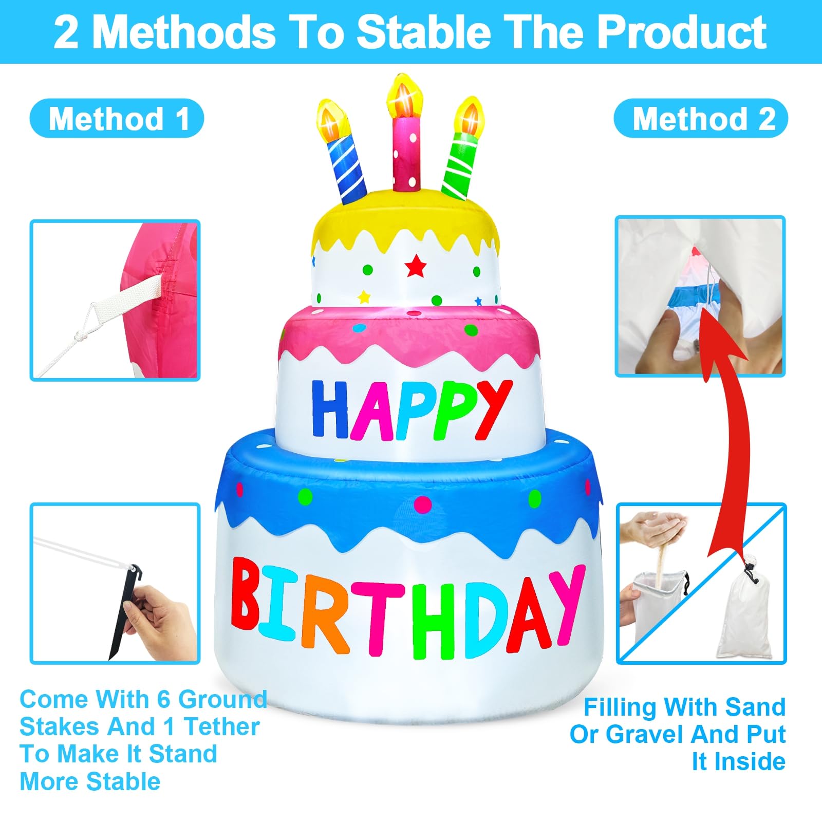 6 Ft Inflatable Happy Birthday Cake Decorations Outdoor Lighted Blow Up Holiday Birthday Party Decor with Candles 6 LED Lights for Indoor Home Celebration Garden Lawn Yard Prop Sign - Image 4