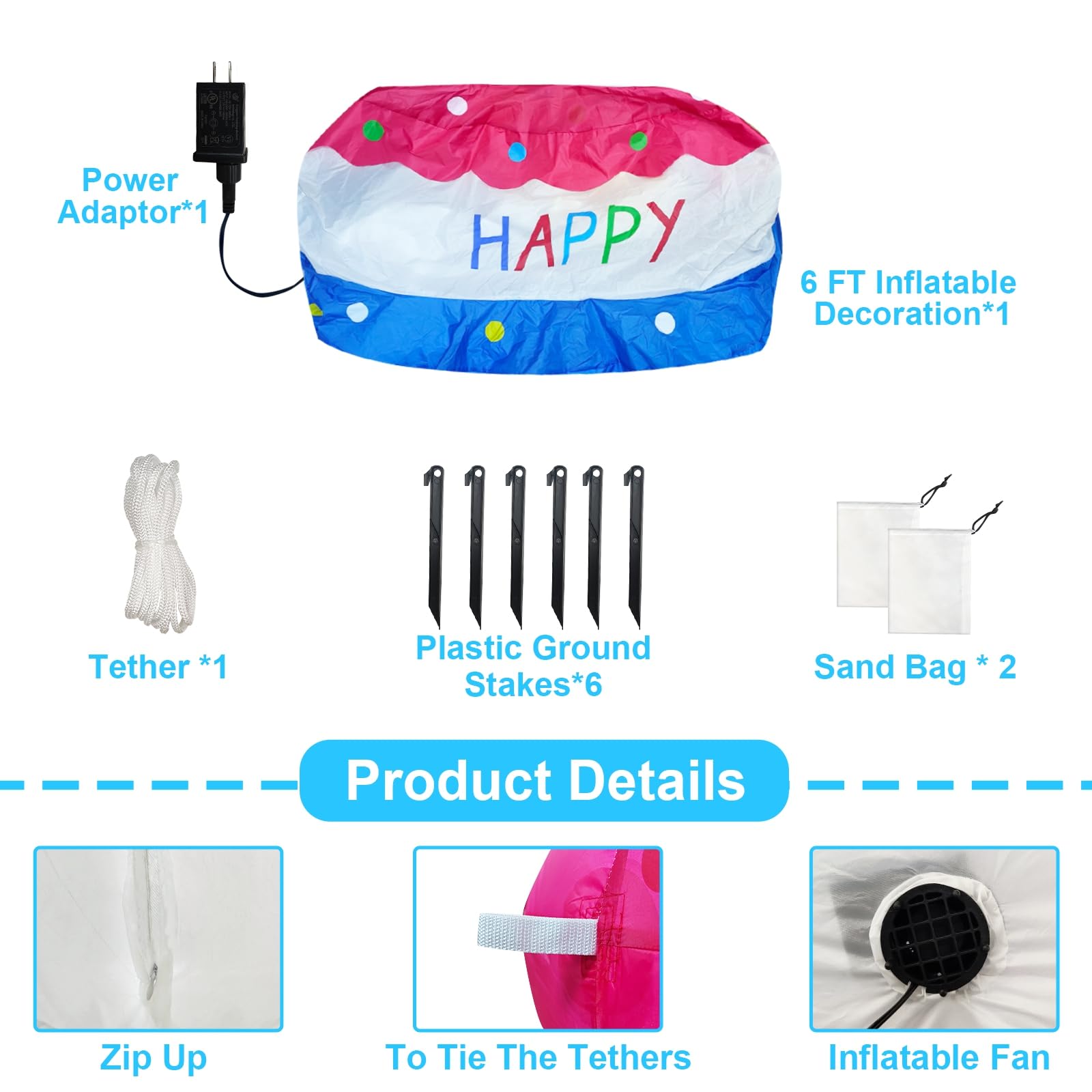 6 Ft Inflatable Happy Birthday Cake Decorations Outdoor Lighted Blow Up Holiday Birthday Party Decor with Candles 6 LED Lights for Indoor Home Celebration Garden Lawn Yard Prop Sign - Image 5