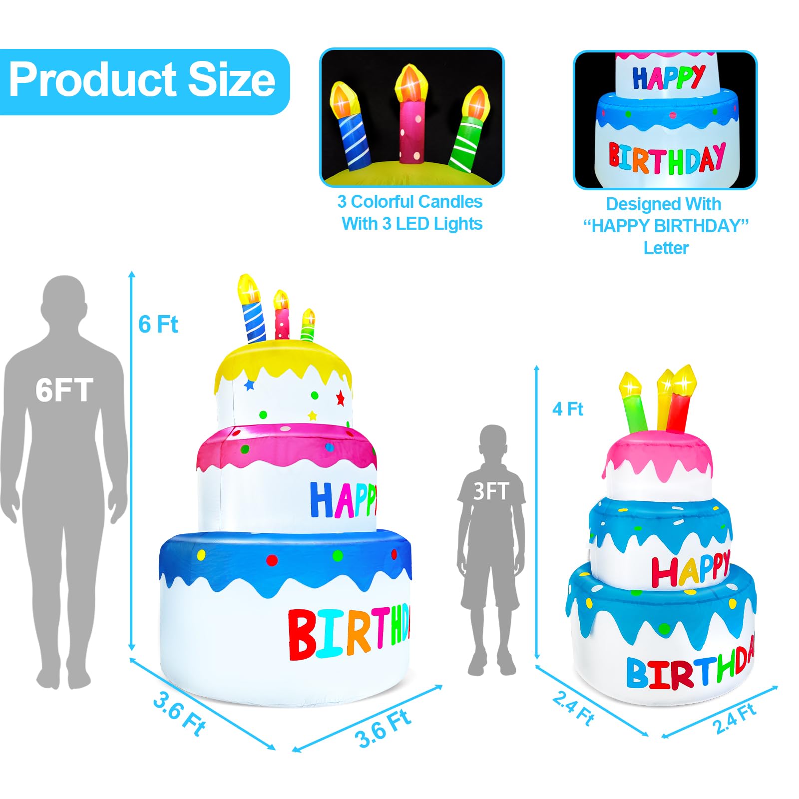 6 Ft Inflatable Happy Birthday Cake Decorations Outdoor Lighted Blow Up Holiday Birthday Party Decor with Candles 6 LED Lights for Indoor Home Celebration Garden Lawn Yard Prop Sign - Image 6