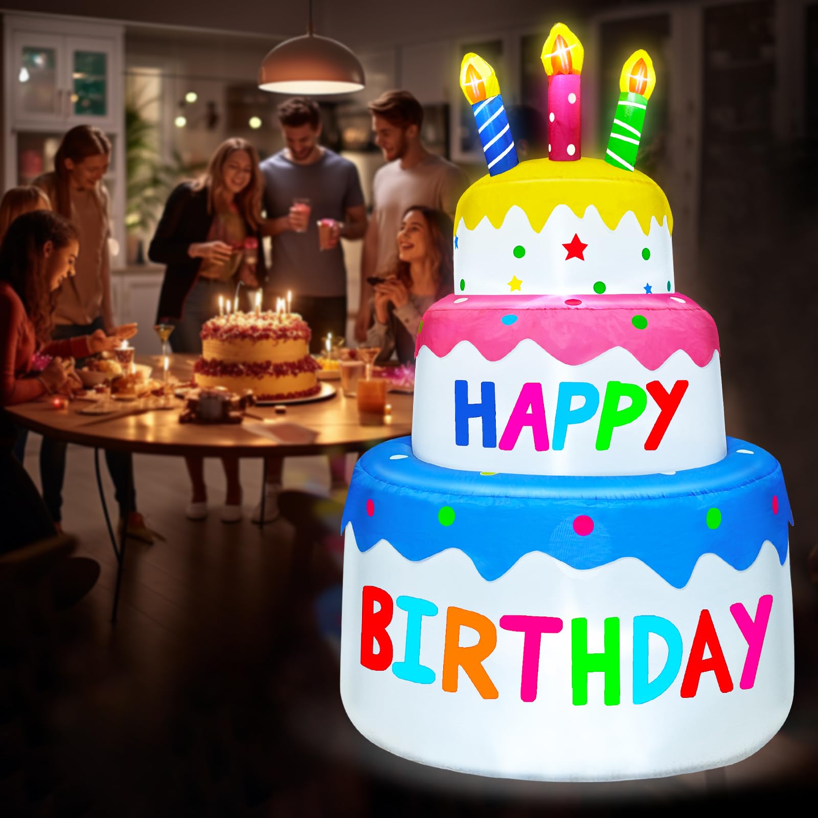 6 Ft Inflatable Happy Birthday Cake Decorations Outdoor Lighted Blow Up Holiday Birthday Party Decor with Candles 6 LED Lights for Indoor Home Celebration Garden Lawn Yard Prop Sign - Image 7