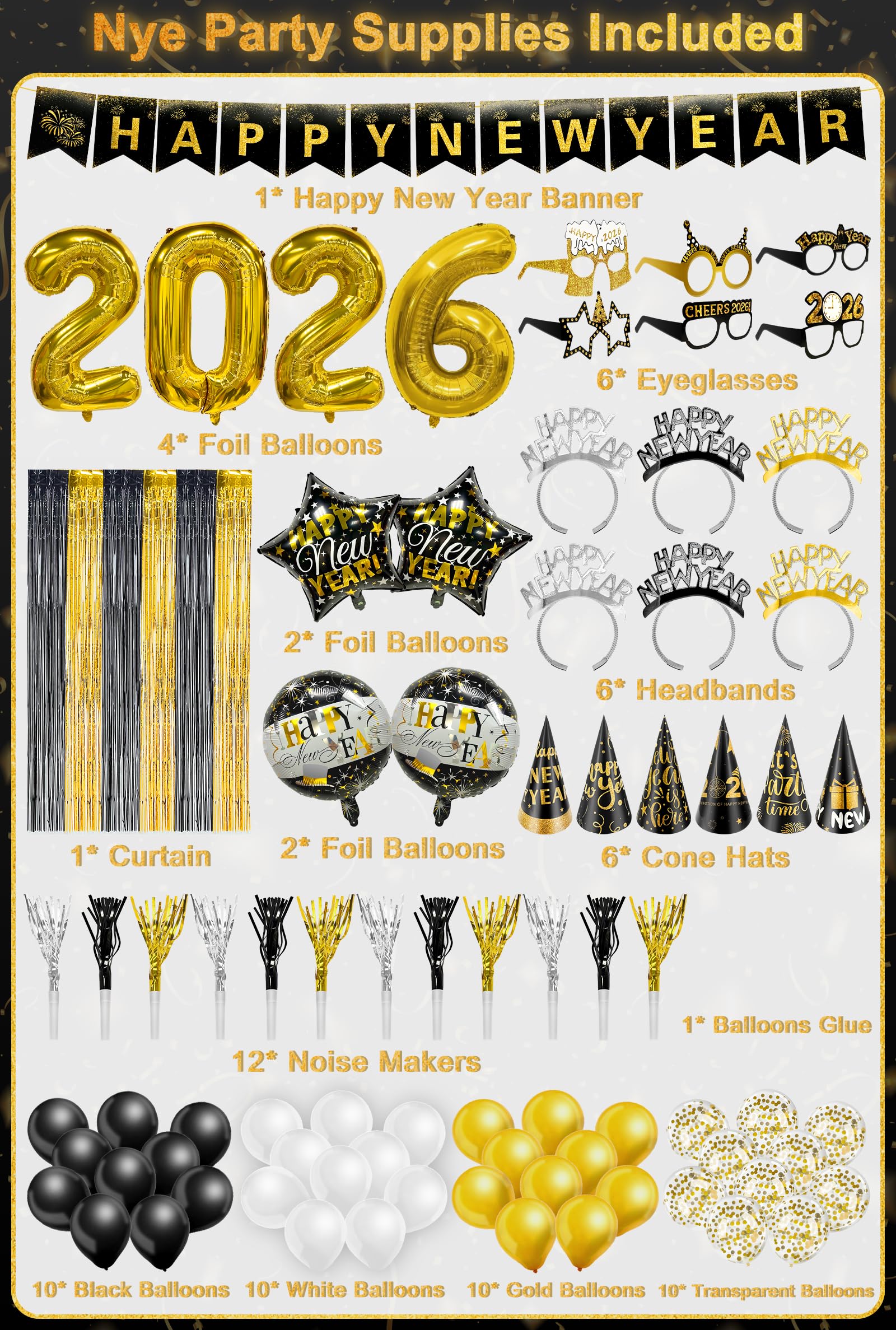 81 Pcs New Years Eve Party Supplies Happy New Year Decorations Kit Serves 12 Includes 36" Large 2026 Foil Ballons, Black Gold Curtains Banner Hats Headbands Glasses Noisemaker Balloons Party Favor - Image 3