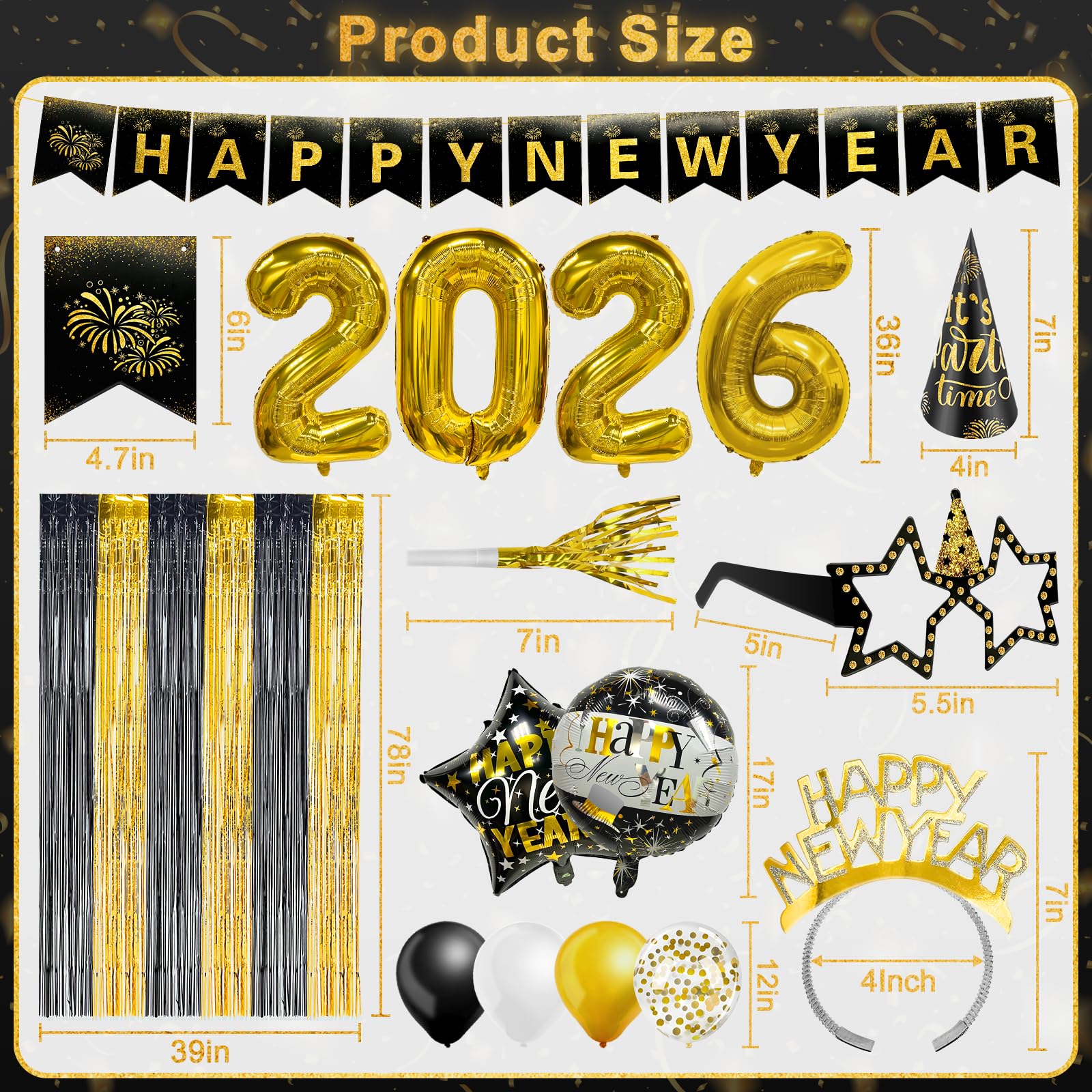 81 Pcs New Years Eve Party Supplies Happy New Year Decorations Kit Serves 12 Includes 36" Large 2026 Foil Ballons, Black Gold Curtains Banner Hats Headbands Glasses Noisemaker Balloons Party Favor - Image 4