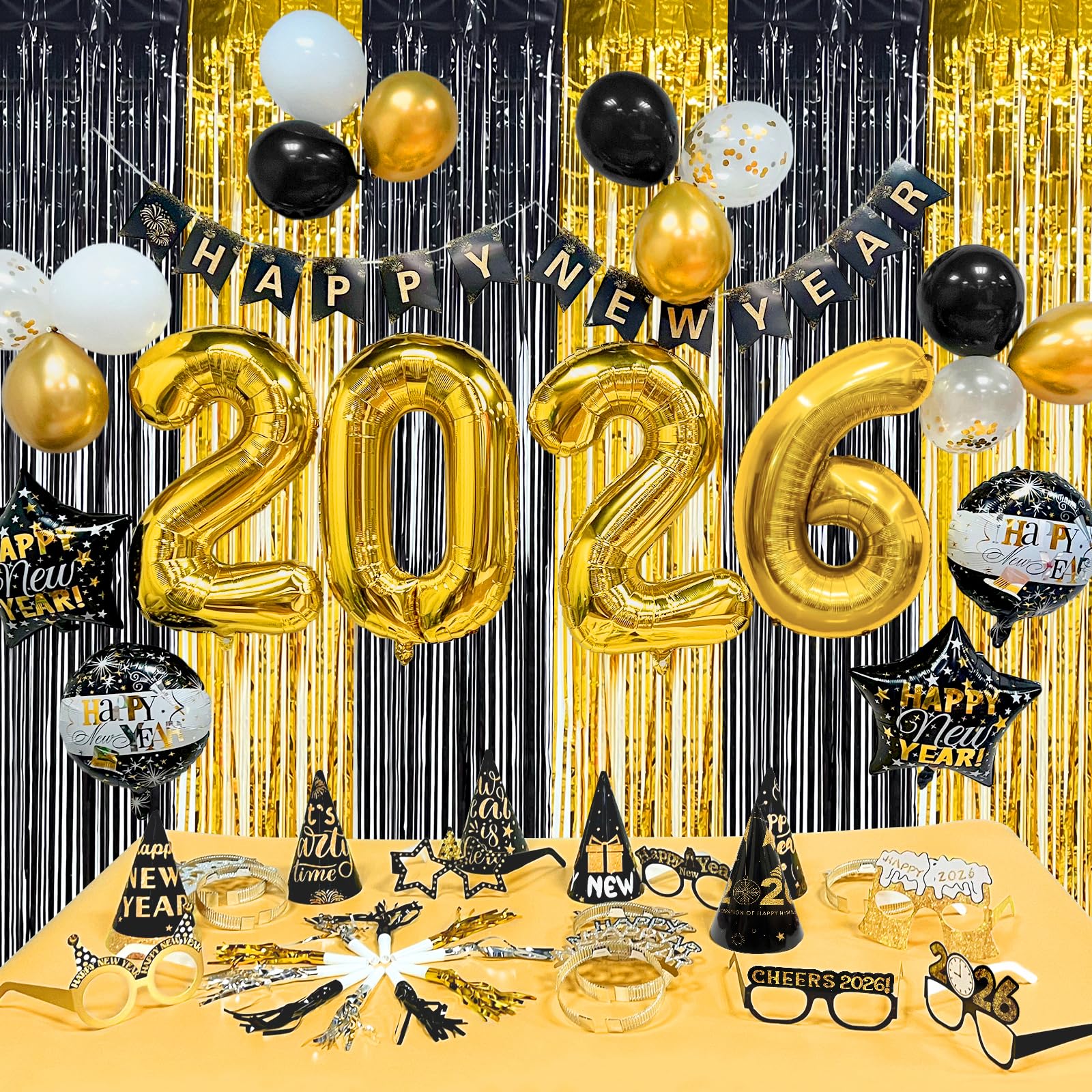 81 Pcs New Years Eve Party Supplies Happy New Year Decorations Kit Serves 12 Includes 36" Large 2026 Foil Ballons, Black Gold Curtains Banner Hats Headbands Glasses Noisemaker Balloons Party Favor - Image 5