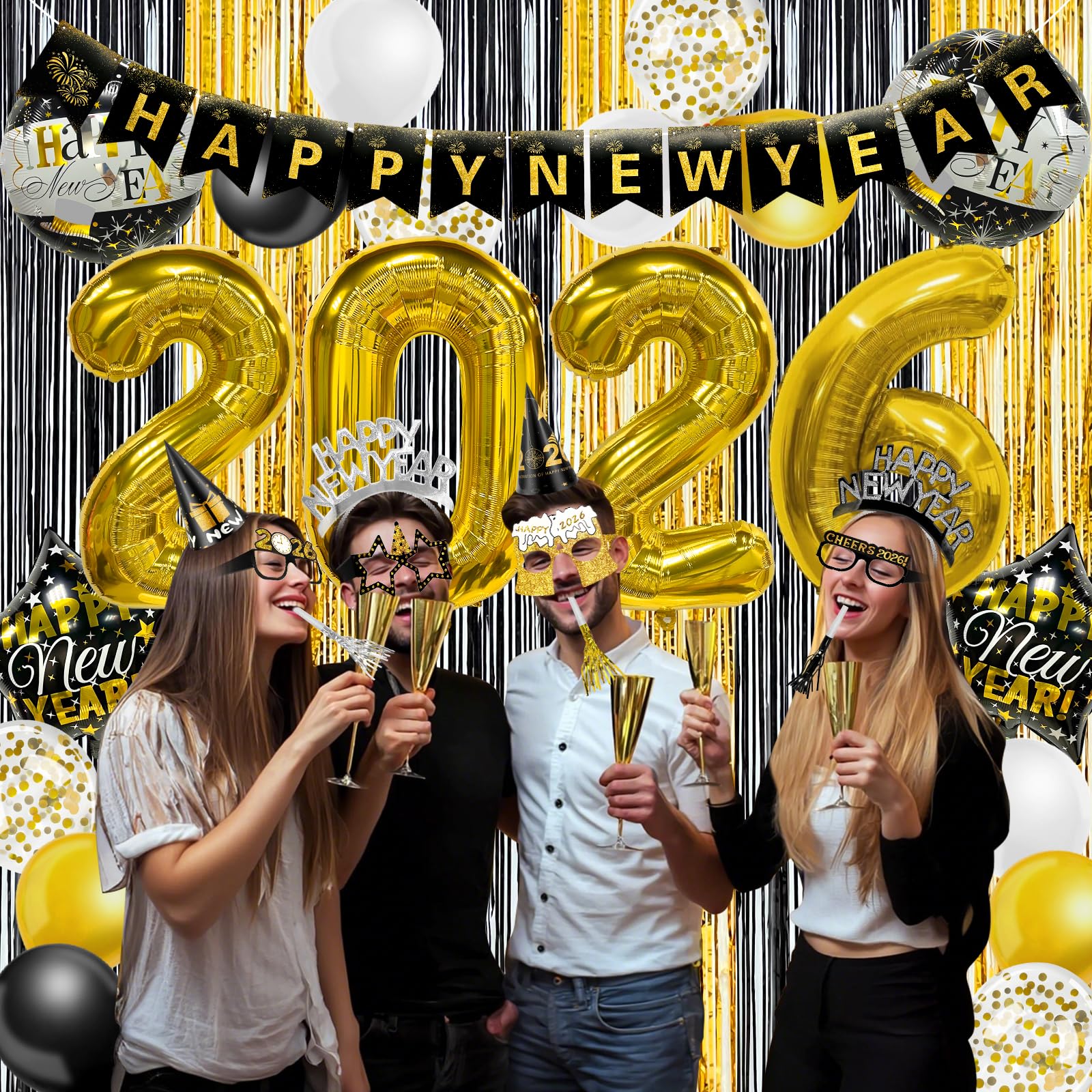 81 Pcs New Years Eve Party Supplies Happy New Year Decorations Kit Serves 12 Includes 36" Large 2026 Foil Ballons, Black Gold Curtains Banner Hats Headbands Glasses Noisemaker Balloons Party Favor - Image 7