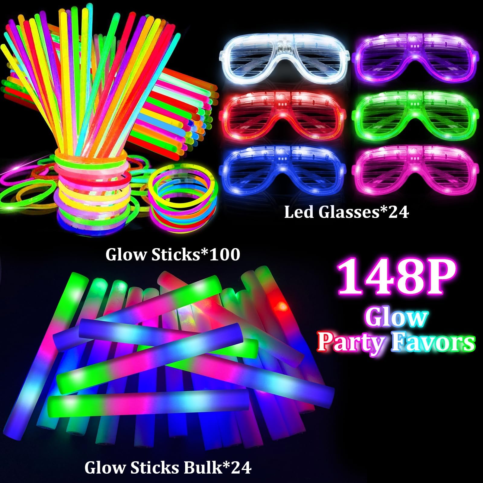 Camlinbo 148 PCS Glow in the Dark Party Supplies- 24 Pcs 12" Foam Glow Sticks, 24 Pcs LED Glasses, 100Pcs Glow Sticks Necklaces Bracelets Light Up Party Favors Pool Wedding Concert Easter Basket - Image 4