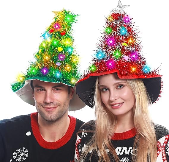 Camlinbo 2 Pcs Christmas Hats, Tinsel Tree Santa Hat with 30 Colored LED Lights, 3 Lighting Modes, Xmas Party Costume Accessories - Image 5