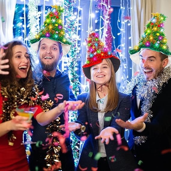 Camlinbo 2 Pcs Christmas Hats, Tinsel Tree Santa Hat with 30 Colored LED Lights, 3 Lighting Modes, Xmas Party Costume Accessories - Image 6