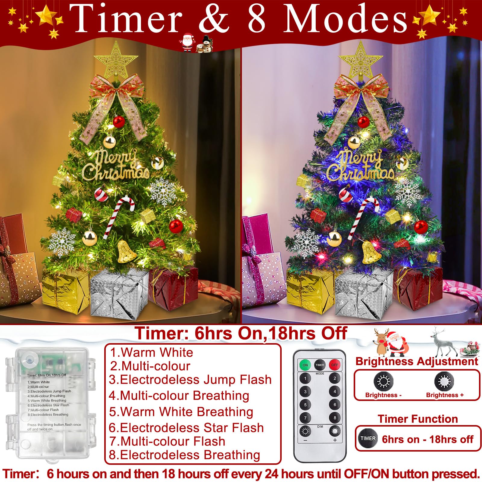 Dual Color Change&Remote Control 24 Inch/2FT Tabletop Christmas Tree with Lights Timer, 20 Warm White&Colored Lights 8 Modes 27 Orantments Star Boxes Mini Small Christmas Tree Xmas Home Party Decor - Image 3