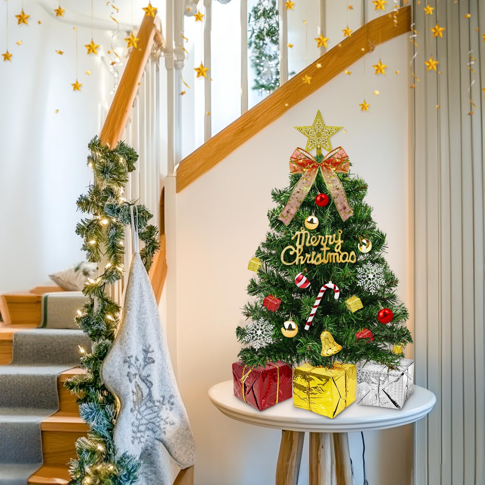 Dual Color Change&Remote Control 24 Inch/2FT Tabletop Christmas Tree with Lights Timer, 20 Warm White&Colored Lights 8 Modes 27 Orantments Star Boxes Mini Small Christmas Tree Xmas Home Party Decor - Image 4