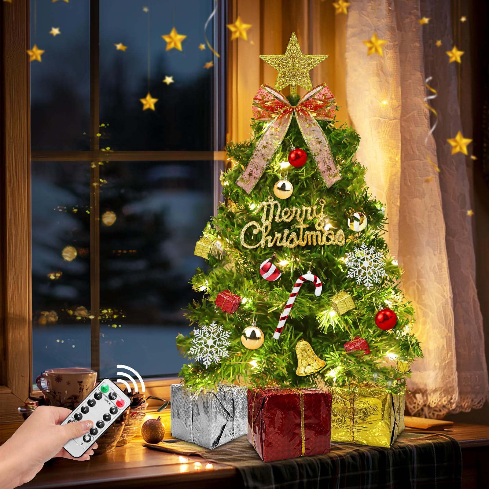 Dual Color Change&Remote Control 24 Inch/2FT Tabletop Christmas Tree with Lights Timer, 20 Warm White&Colored Lights 8 Modes 27 Orantments Star Boxes Mini Small Christmas Tree Xmas Home Party Decor - Image 5