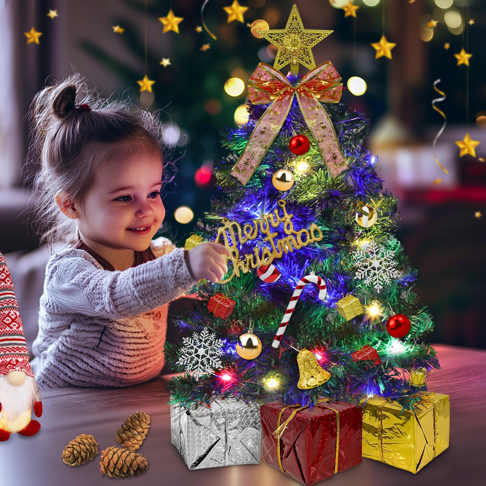 Dual Color Change&Remote Control 24 Inch/2FT Tabletop Christmas Tree with Lights Timer, 20 Warm White&Colored Lights 8 Modes 27 Orantments Star Boxes Mini Small Christmas Tree Xmas Home Party Decor - Image 6