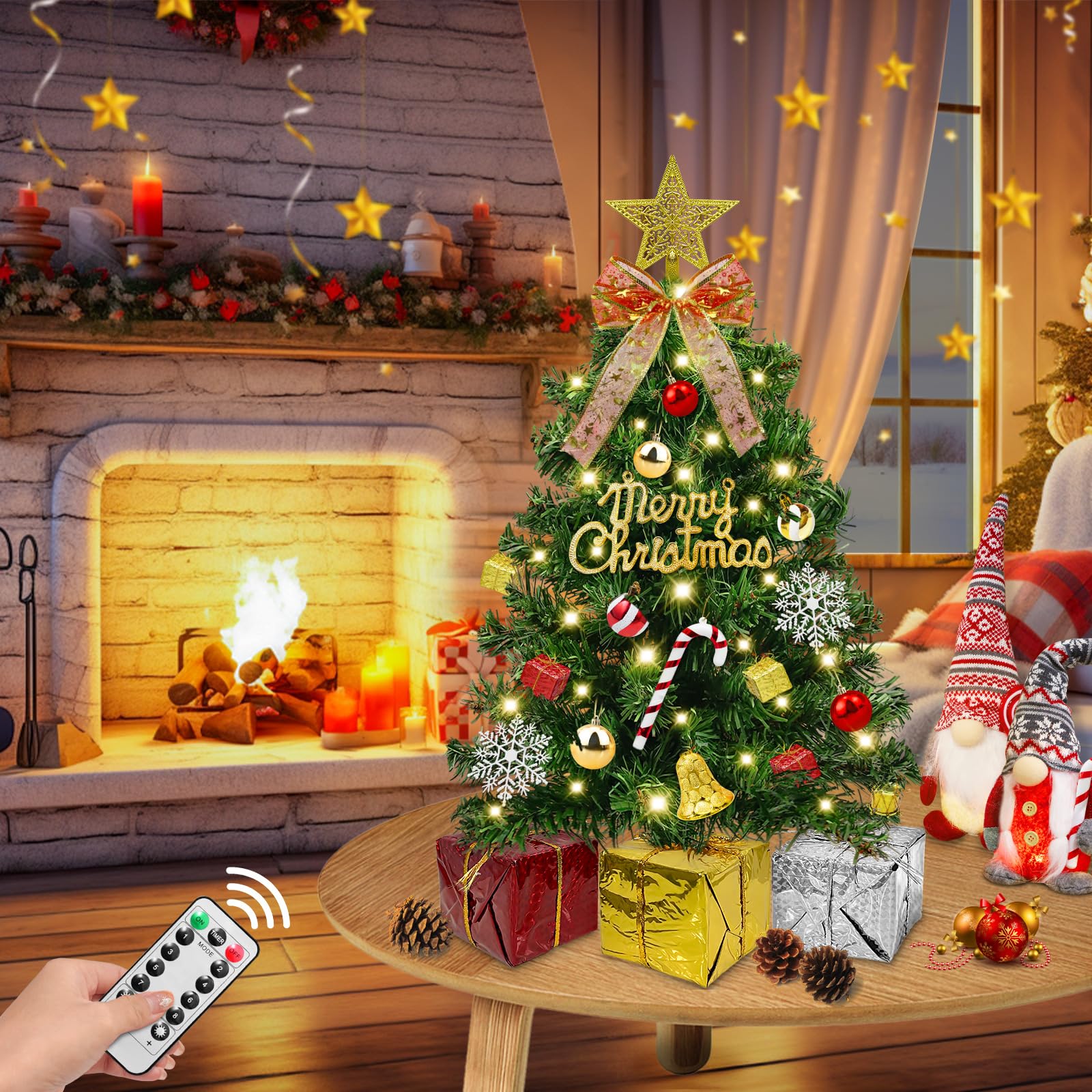 Dual Color Change&Remote Control 24 Inch/2FT Tabletop Christmas Tree with Lights Timer, 20 Warm White&Colored Lights 8 Modes 27 Orantments Star Boxes Mini Small Christmas Tree Xmas Home Party Decor - Image 7