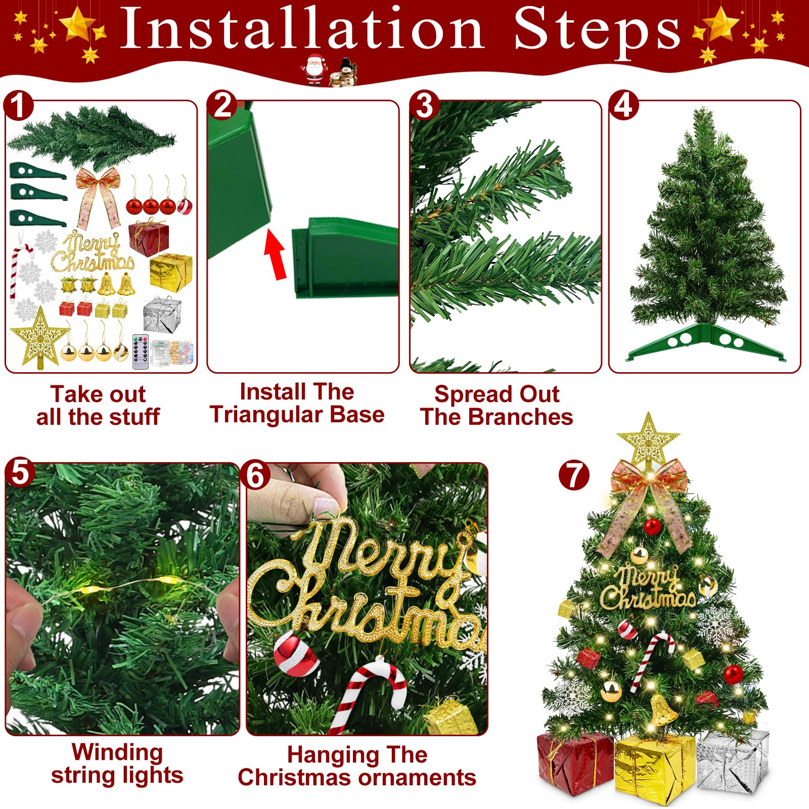 Dual Color Change&Remote Control 24 Inch/2FT Tabletop Christmas Tree with Lights Timer, 20 Warm White&Colored Lights 8 Modes 27 Orantments Star Boxes Mini Small Christmas Tree Xmas Home Party Decor - Image 8