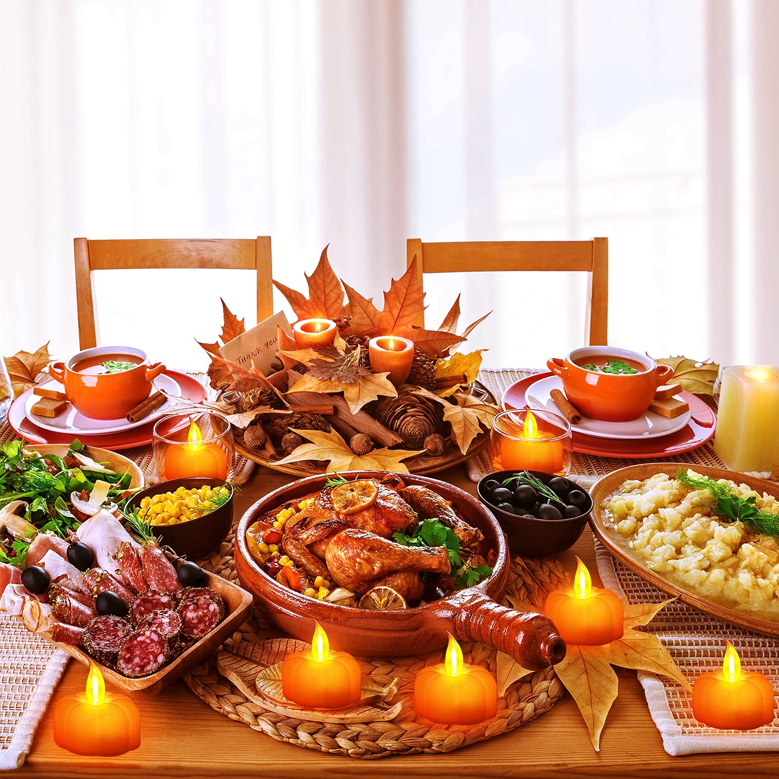 Fall Decorations for Home Pumpkin Tea Lights, 12 Pack LED Orange Pumpkin Lights Flame Less Candles Battery Operated Thanksgiving Decorations Flickering Tealights Candles for Home Indoor Party Decor - Image 5