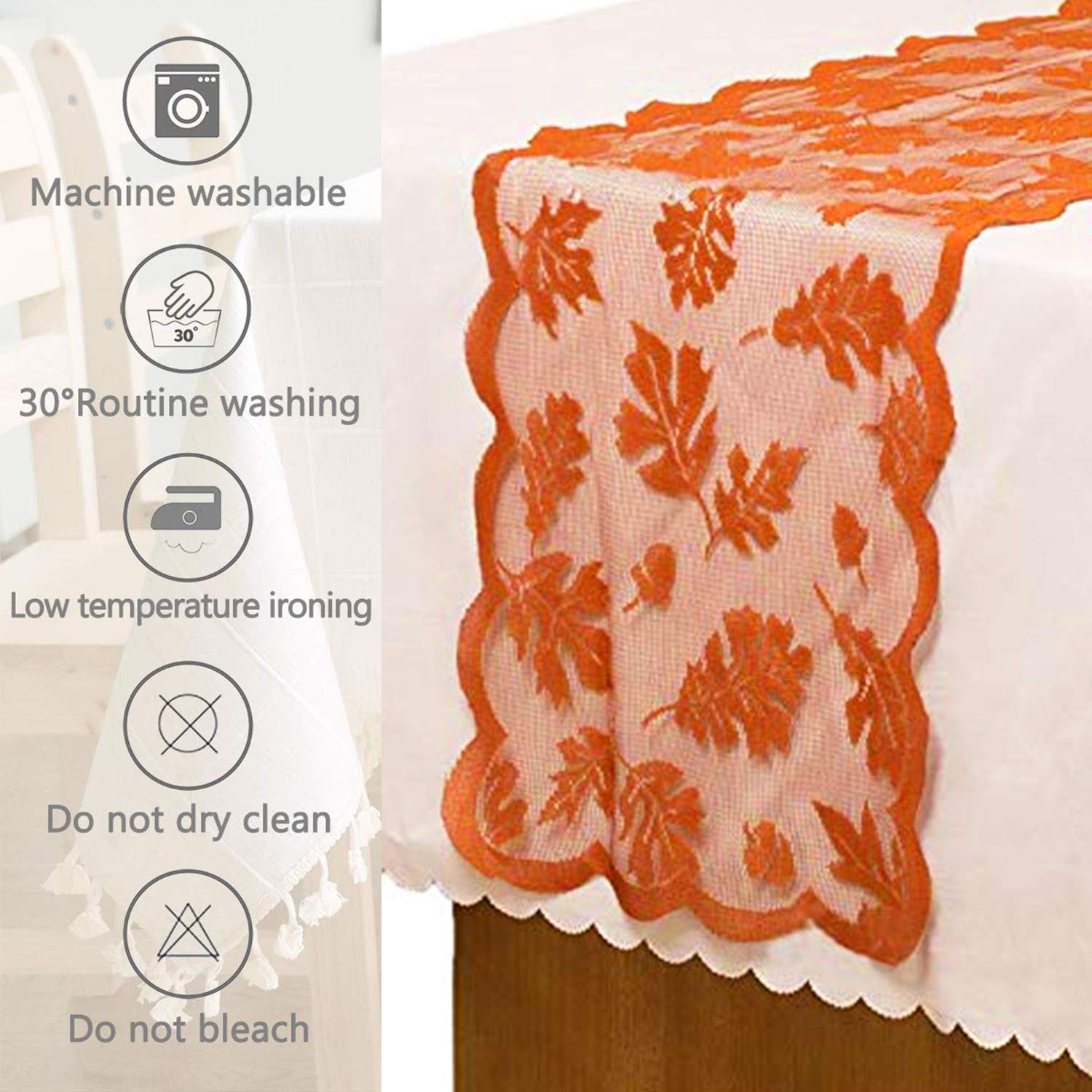 Fall Table Runner Thanksgiving Fall Decorations for Home 13 x 72 Inch Maples Leaves Table Runner Autumn Harvest Orange Lace Runners Thanksgiving Decorations for Tables Kitchen Dining Party (Brown) - Image 4