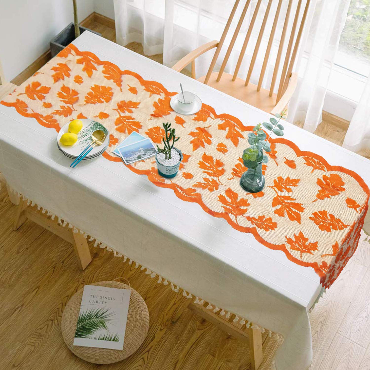 Fall Table Runner Thanksgiving Fall Decorations for Home 13 x 72 Inch Maples Leaves Table Runner Autumn Harvest Orange Lace Runners Thanksgiving Decorations for Tables Kitchen Dining Party (Brown) - Image 5