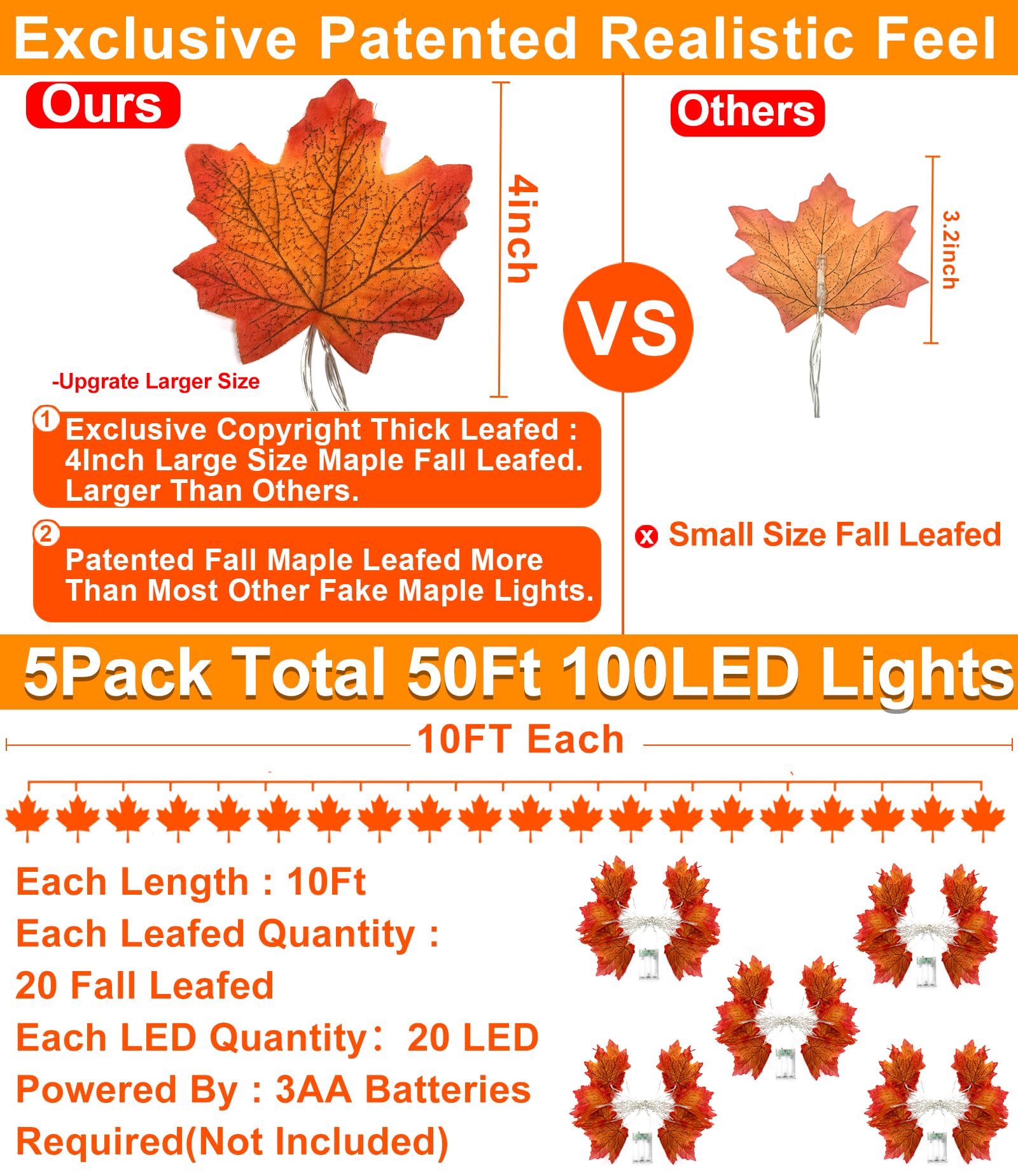 GBD Thanksgiving Decorations-5 Pack Total 50Ft 100LED Fall Garland with Lights Battery Operated Enlarged Maple Leaves Garlands for Fall Decorations for Home Christmas Halloween Indoor Outdoor Decor - Image 3