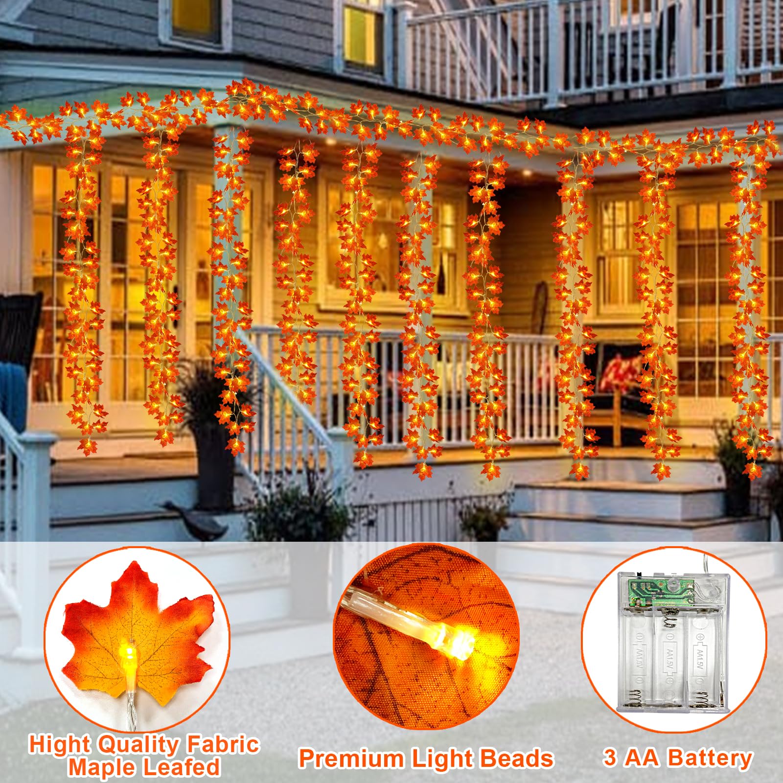 GBD Thanksgiving Decorations-5 Pack Total 50Ft 100LED Fall Garland with Lights Battery Operated Enlarged Maple Leaves Garlands for Fall Decorations for Home Christmas Halloween Indoor Outdoor Decor - Image 4