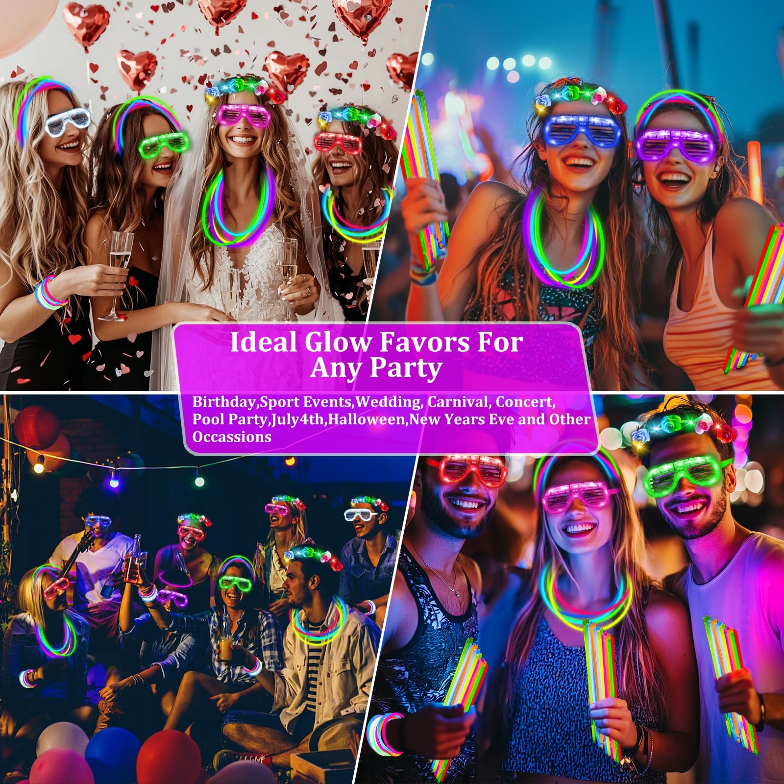 iGeeKid 112 Pcs Glow in The Dark Party Supplies Glow Sticks Bulk LED Neon Party Favor Light Up Toys Gifts Kids Adult 100 Glow Sticks Necklaces Bracelets/6 Light Up Glasses/6 Led Headbands Patriotic - Image 6
