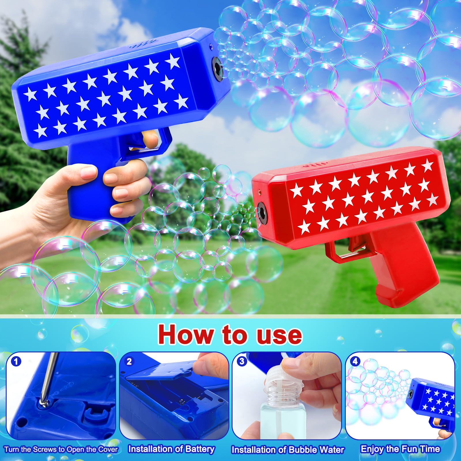 iGeekid 2 Pack Bubbles Guns Toys 4th of July Party Favors, 4th of July Accessories Patriotic Bubbles Makers with 4 Bubble Solutions & Star for Kids Independence Day 250th Anniversary Party Decorations - Image 3