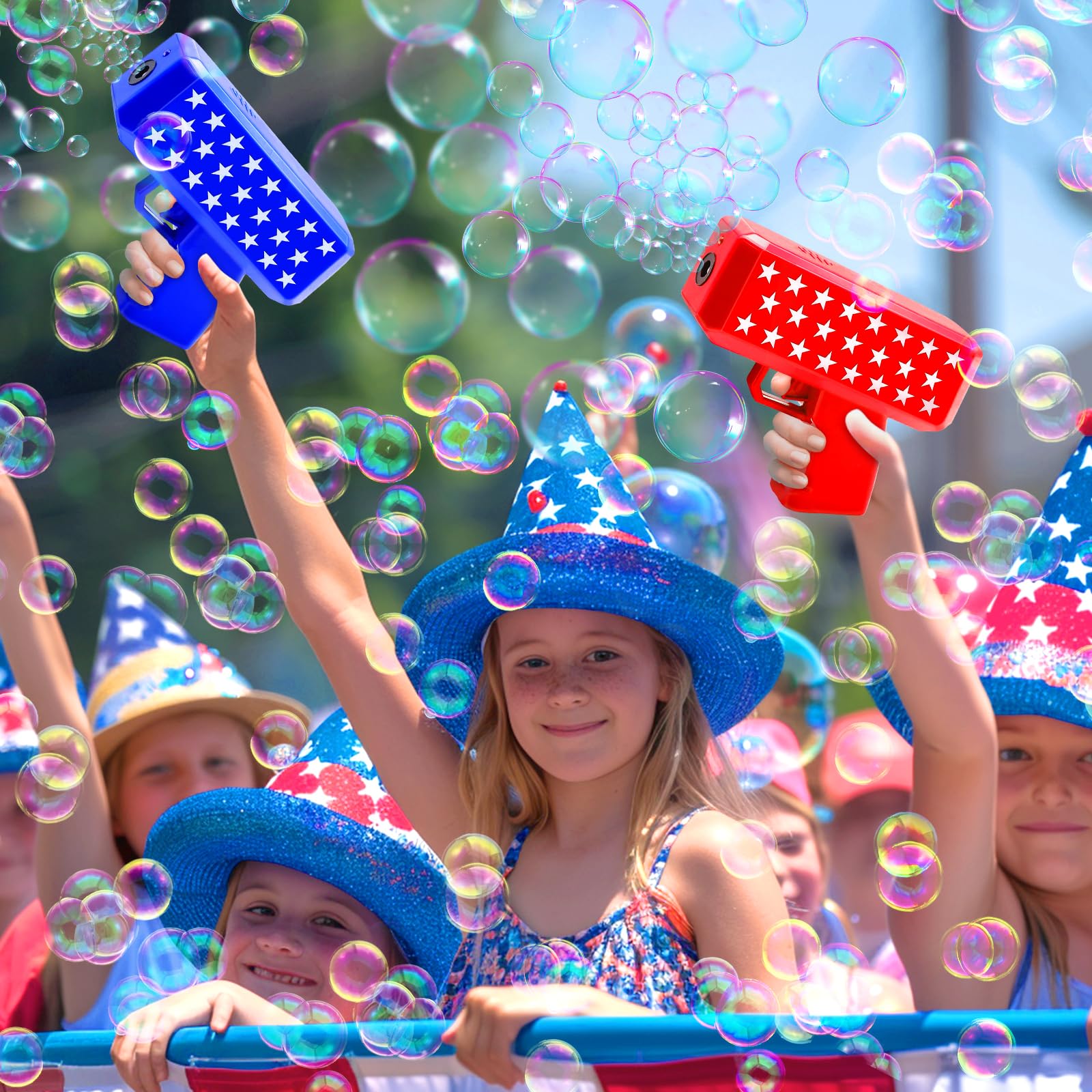 iGeekid 2 Pack Bubbles Guns Toys 4th of July Party Favors, 4th of July Accessories Patriotic Bubbles Makers with 4 Bubble Solutions & Star for Kids Independence Day 250th Anniversary Party Decorations - Image 5