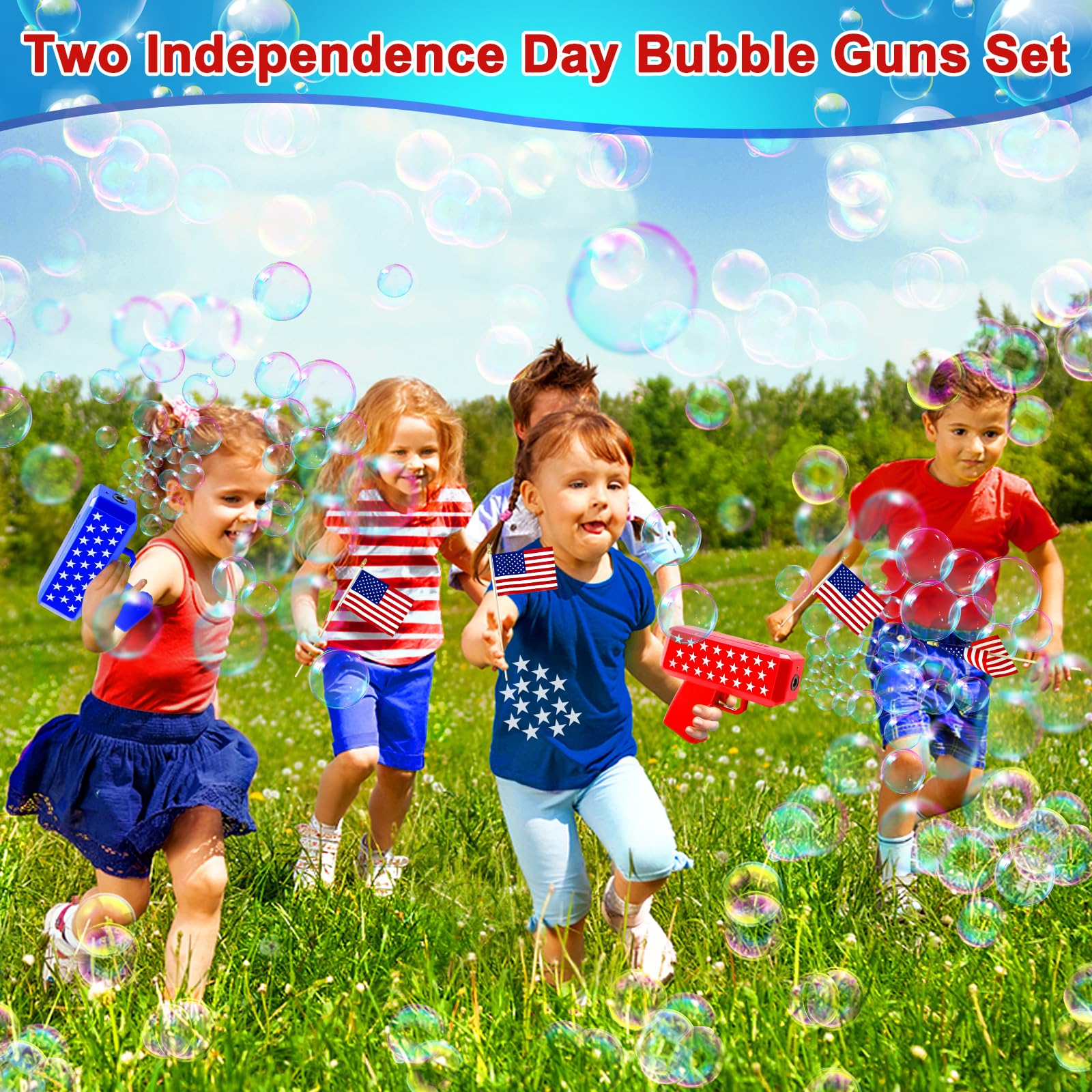 iGeekid 2 Pack Bubbles Guns Toys 4th of July Party Favors, 4th of July Accessories Patriotic Bubbles Makers with 4 Bubble Solutions & Star for Kids Independence Day 250th Anniversary Party Decorations - Image 6