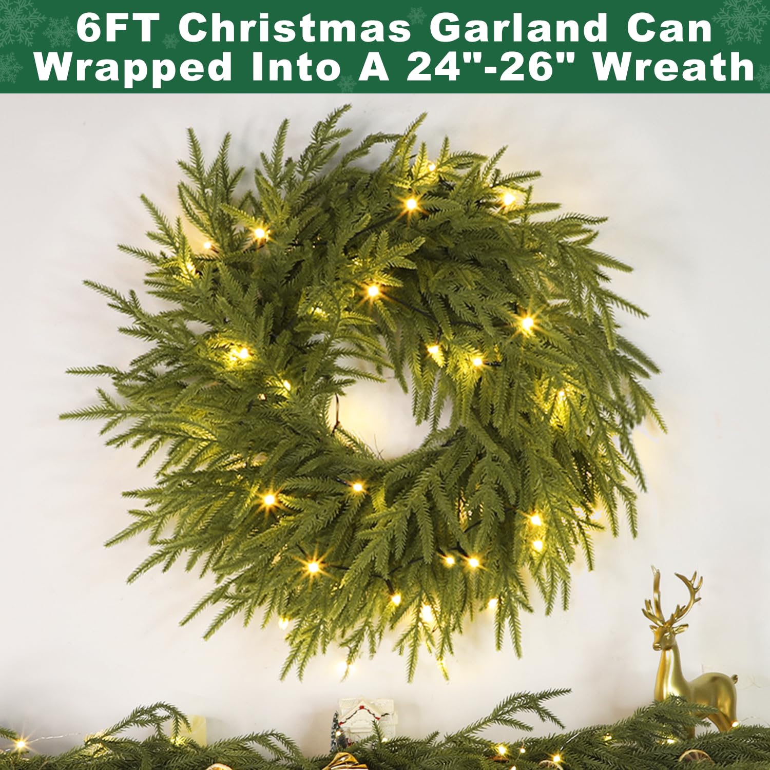 Prelit & Timer - 6 Ft by 10 Inch Lighted Christmas Garland Norfolk Pine Garland Real Touch Cedar Garlands Realistic Soft Thickness Greenery Garlands 120 Branches Tips for Table Mantle Fireplace Stairs - Image 5